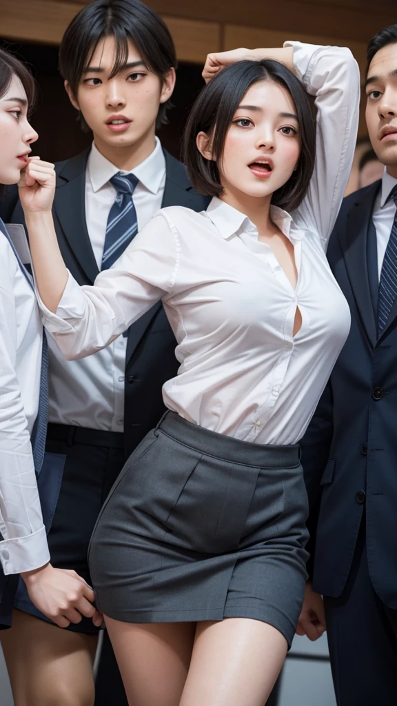(in 8K、Raw photography、Highest Quality、realisitic、Photorealsitic、Professional Lighting、masterpiece、extremely delicate and beautiful、Highly detailed、finely detail、ultra-detailliert、hight resolution、full-shot)、There were several men huddled on the plane、1girl in、One woman in flight attendant uniform、Beautiful face:1.5、slim proportions、small tits:2、small tits、Young man in suit、Hug her from behind:1.5、Other young men flipping up skirts、Black panties are visible、Draw in clear detail whose hand it is、Pubic hair is visible、((( are visible)))、(((The nipple is visible)))、Eyes open:3、moaning in pain、feeling in pain、auw、Following the pain、moaning in pain、Pain in the face frowning、I'm looking at you、On the plane、Cabin Crew、(((Wearing pantyhose)))、(((Young man in suit、Licking)))、(((Approaching)))、
