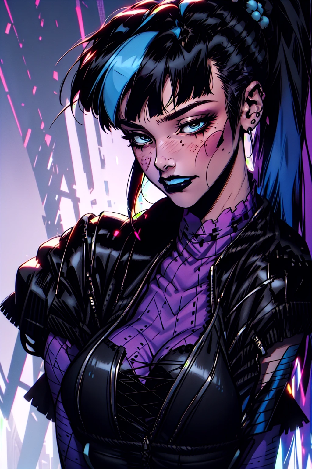 { - anatomy error} (Masterpiece - Ultra-Detailed, High Resolution) punchline, 1girl, solo, long hair, breasts, looking at viewer, bangs, black hair, gloves, blue hair, upper body, hair ornament, ponytail, multicolored hair, black gloves, blunt bangs, grin, two-tone hair, streaked hair, piercing, freckles, black lips, blush stickers,