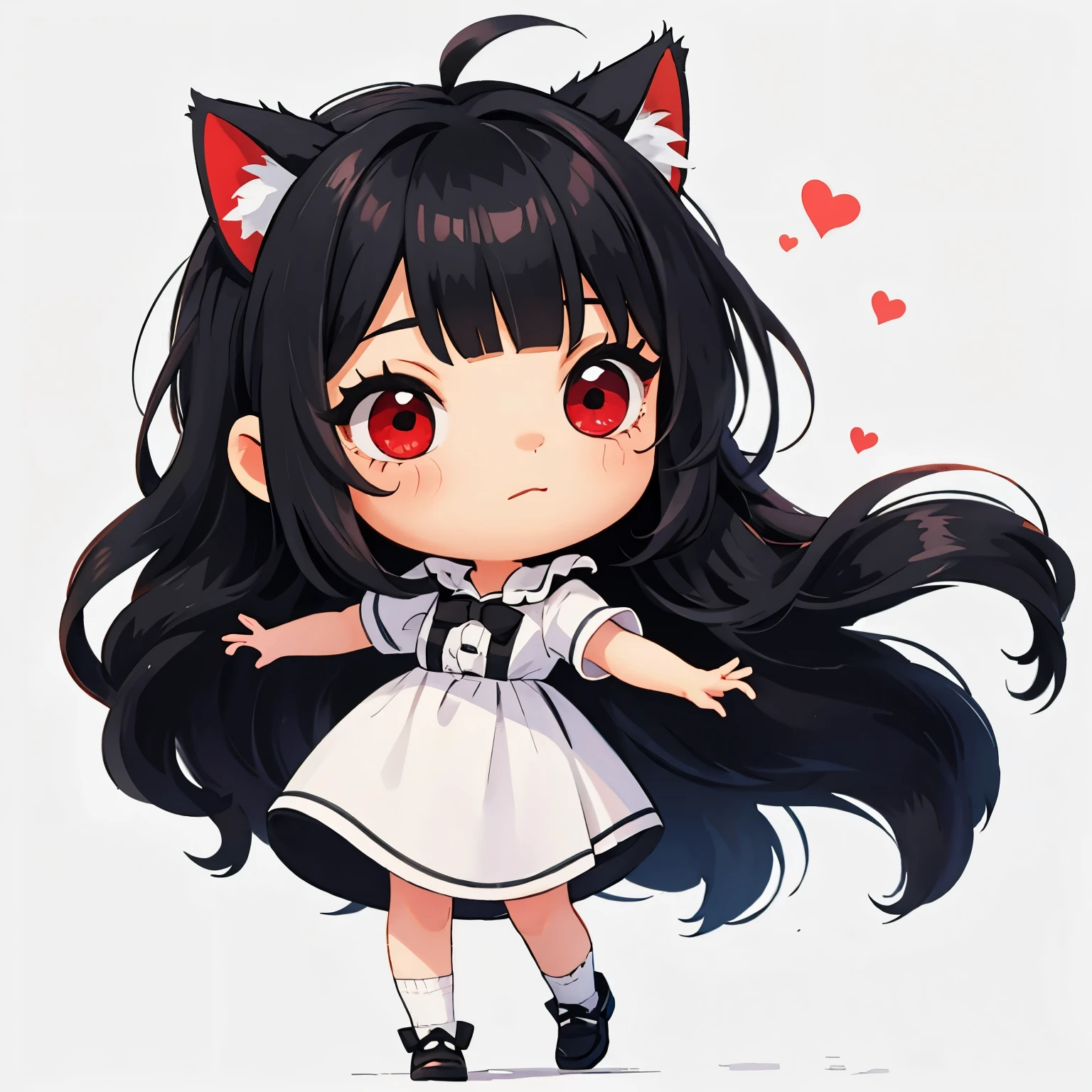 ( masterpiece , better quality :1.2),
1 girl, Chibi, black hair, straight bangs , cat ears, red eyes, full body, simple background , fondo blanco,