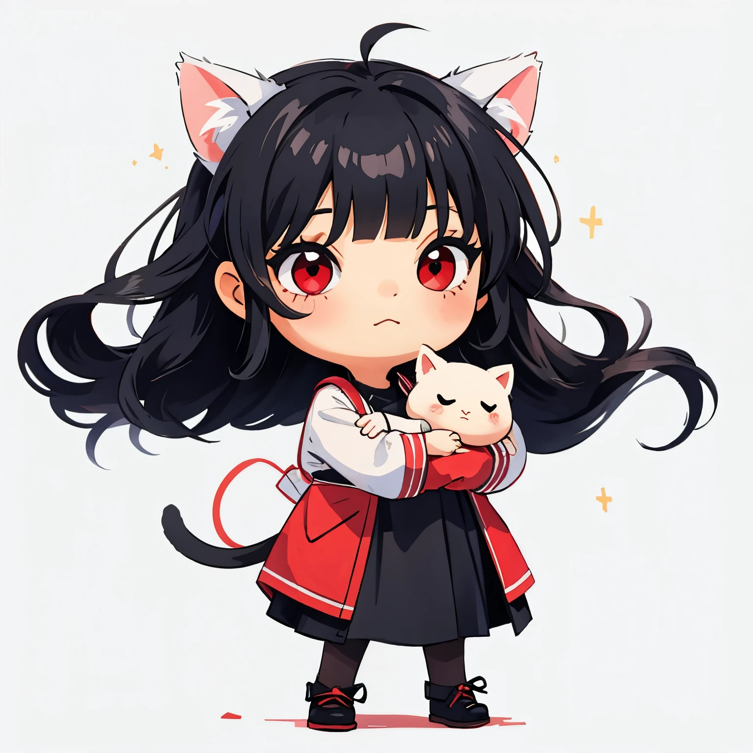 ( masterpiece ,  better quality :1.2),
1 girl,    Chibi, black hair,  straight bangs , cat ears, red eyes,     full body,  simple background , fondo blanco, 