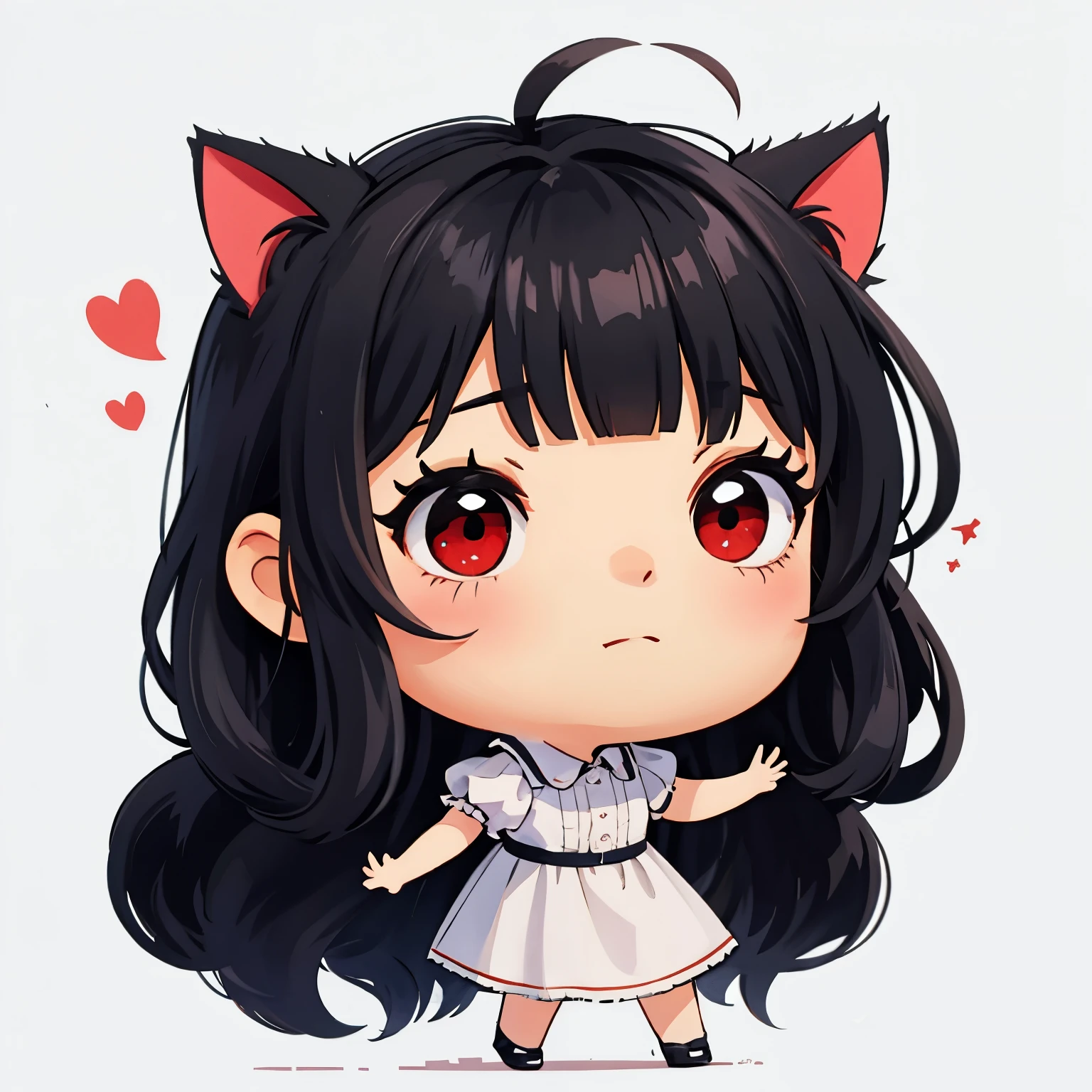 ( masterpiece , better quality :1.2),
1 girl, Chibi, black hair, straight bangs , cat ears, red eyes, full body, simple background , fondo blanco,
