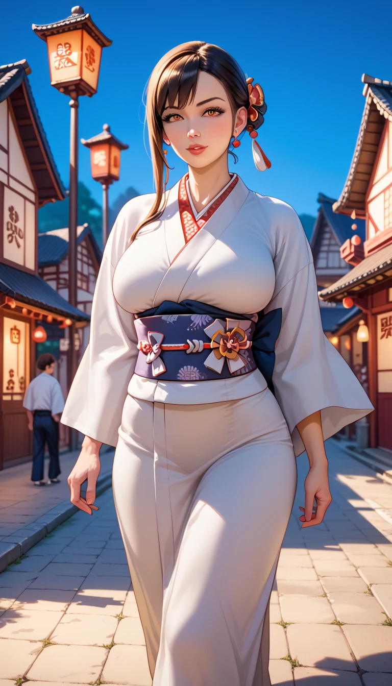 best quality, high resolution, photorealistic, BREAK nsfw,the super beautiful woman has incredibly large saggy breasts, huge saggy breasts, just big breasts, unbelievably big breasts, a tight waist, lewd body, no frame splitting,A beautiful Japanese woman in a flashy kimono and obi with her shoulders exposed, walking around the red light district, waiting at night in the Edo period, orange lights illuminating the town, townspeople, town girls, samurai, walking around town in the Edo period,