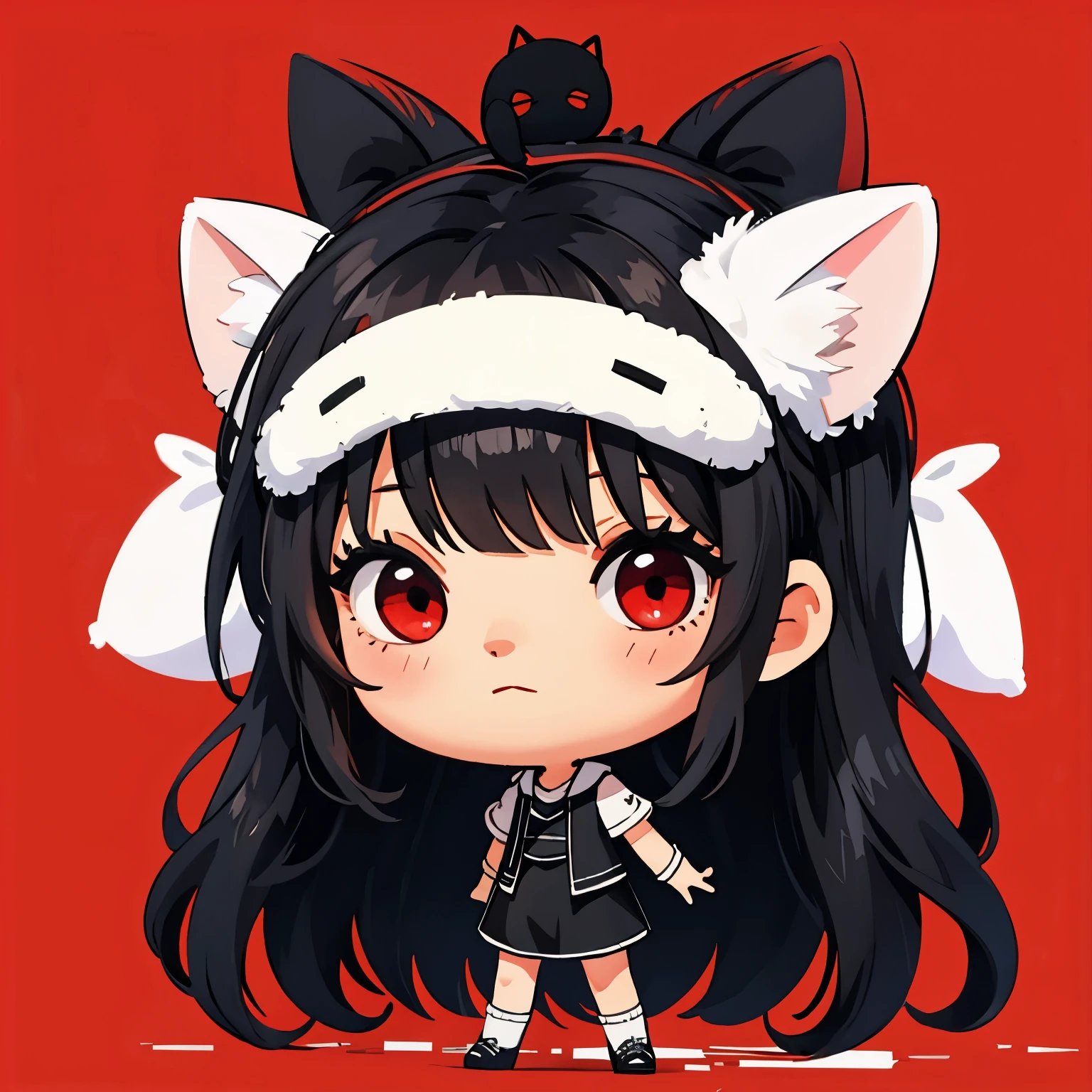 ( masterpiece , better quality :1.2),
1 girl, Chibi, black hair, straight bangs , cat ears, red eyes, full body, simple background , fondo blanco,