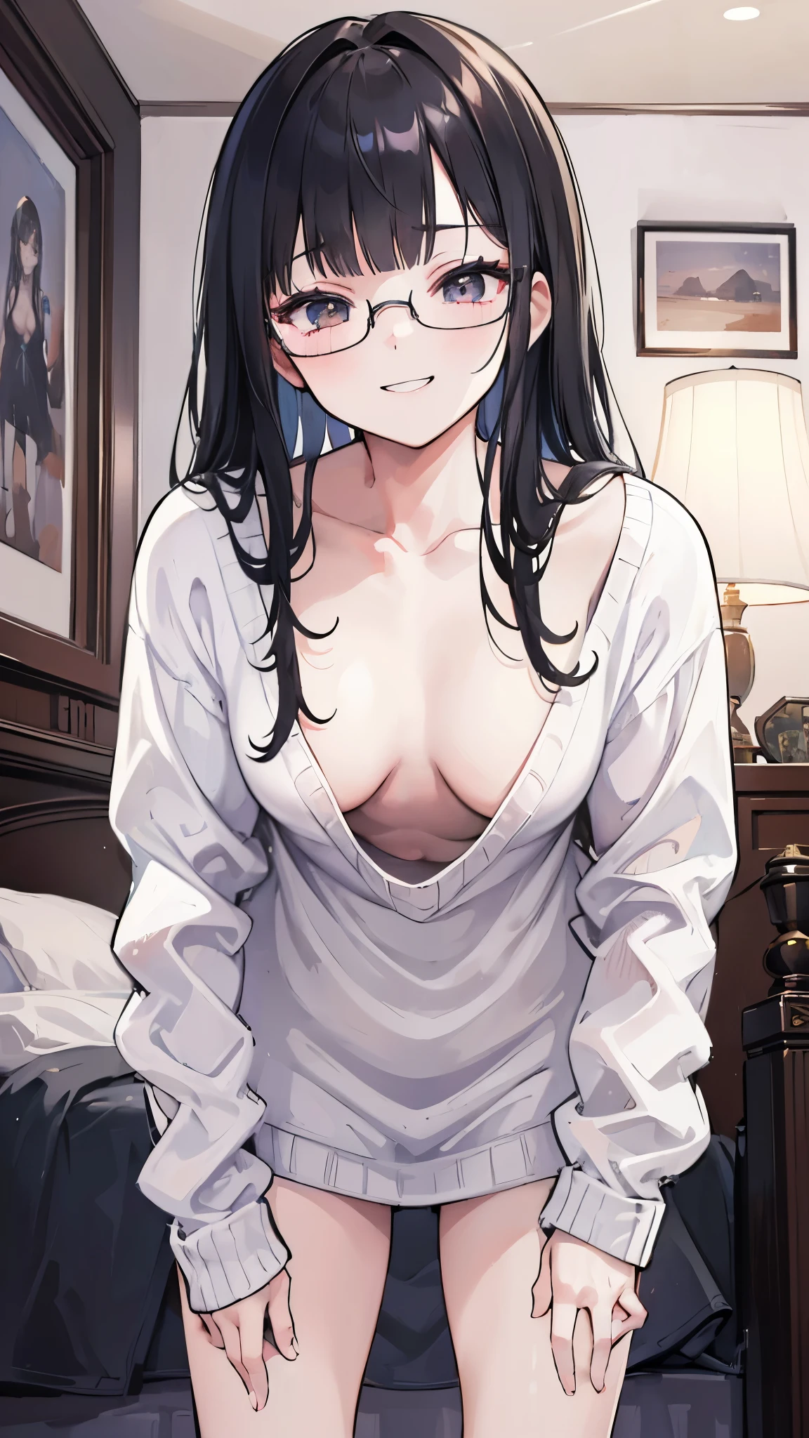 (Tabletop:1.0), (highest quality:1.4), (High resolution:1.2), from side,Sharp contours,  boyish, highest quality, masterpiece,Glasses,Voice of the Heart,20-year-old woman,yandere,nsfw,Big Breasts,on bed,nude,facial,excessive cum,press my chest together,lie face down,upper body,on bed,ecstasy,saliva,blush,squinting,heterochromia,