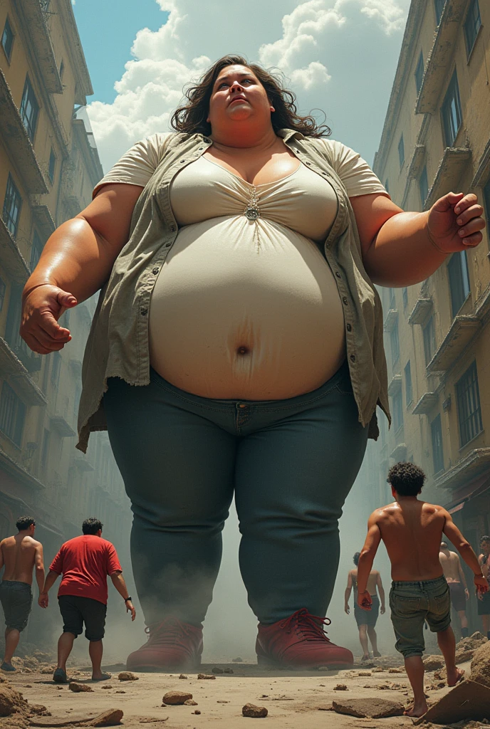 A 2 obese fat pale brown blue eyed woman wearing a trashy crop top in the ghetto
