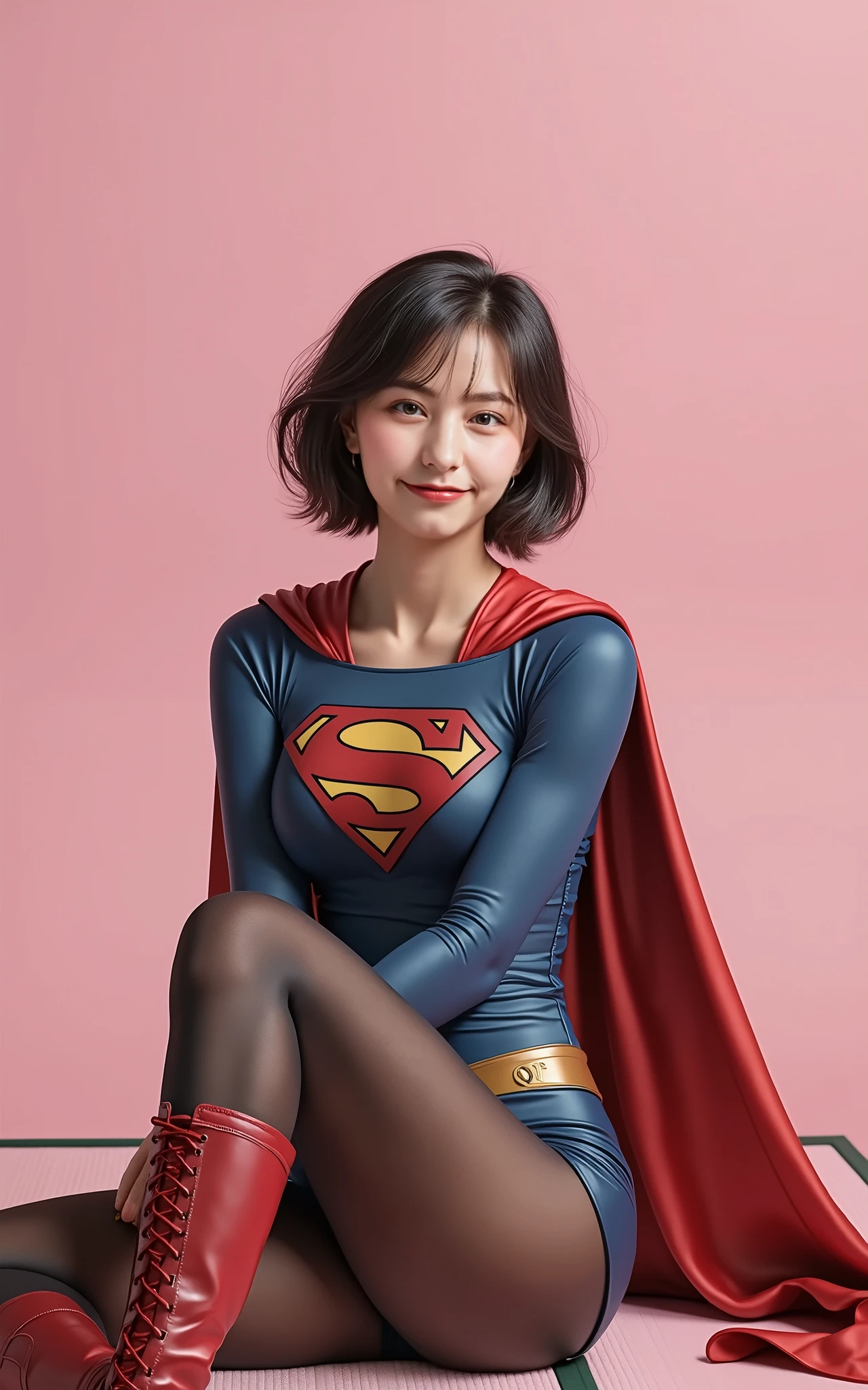 super high ultra resolution, 4k uhd, supergirl, striding on the desk, look at me, smiling, short hair, black hair,