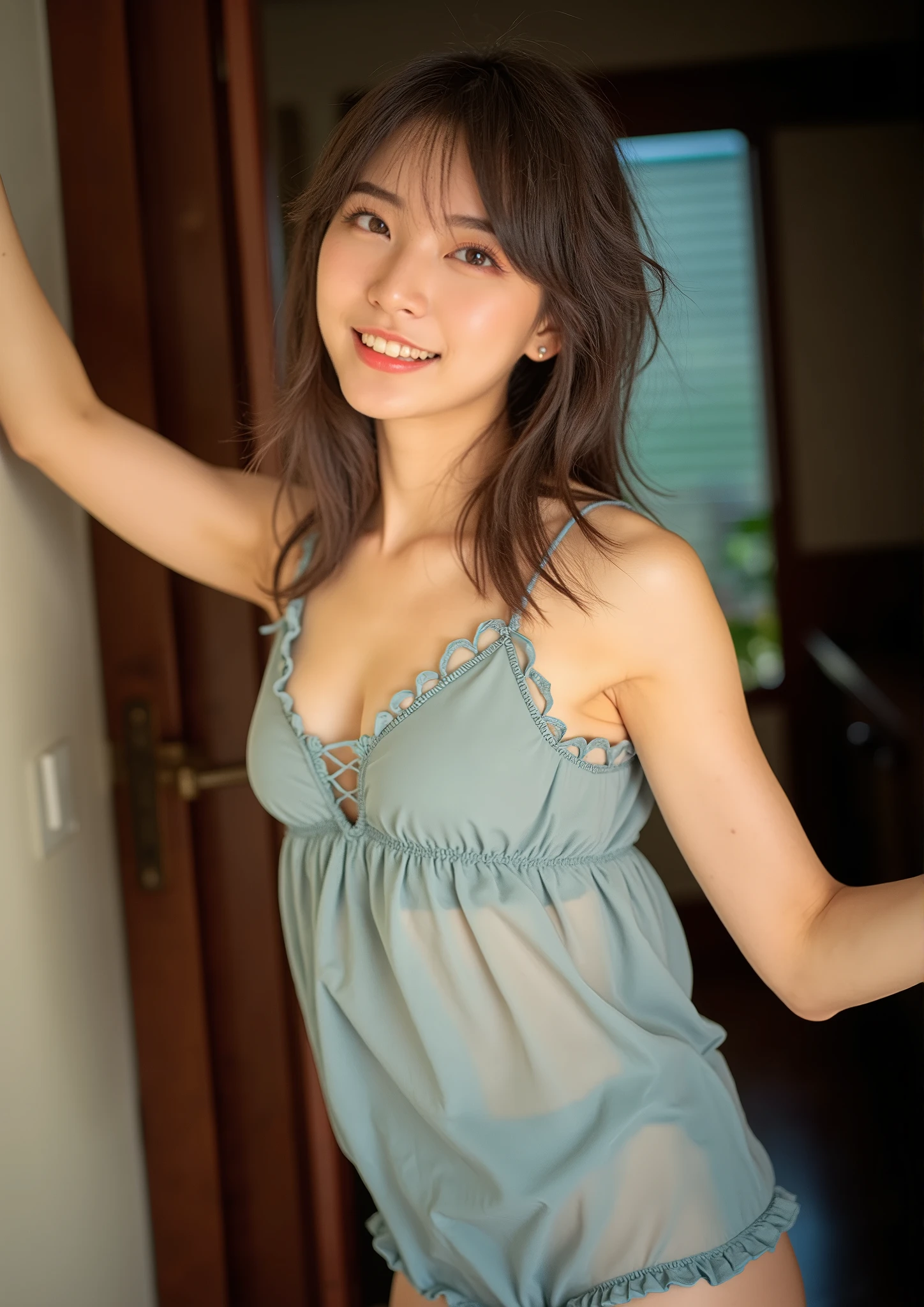 NSFW, ((Top Quality, 8K, Masterpiece, Portrait: 1.3)), (Ambient Light: 1.2), (Bounce Lighting: 1.0), Photo realistic, Sharp Focus, solo, Japanese, 1 girl, actress-like beauty, living alone, High temperature, high humidity, (poor lifestyle: 1.2), (slim and toned body: 1.4), ((extra Small breasts: 1.4)), wavy short hair, no money, completely naked, nudist, ((Showing pussy: 1.2)), legs spread while looking in front of you:1.3)), cleavage, (legs spread: 1.3), vaginal opening, clitoris, anus, (clean background: 1.1), evening Light, pussy close-up, low angle, office, pussy, ars old, , ((Smiling, with pussy lips open to reveal vaginal opening, vaginal opening open)),((((Detailed hands))))、((((Anatomically correct body))))、