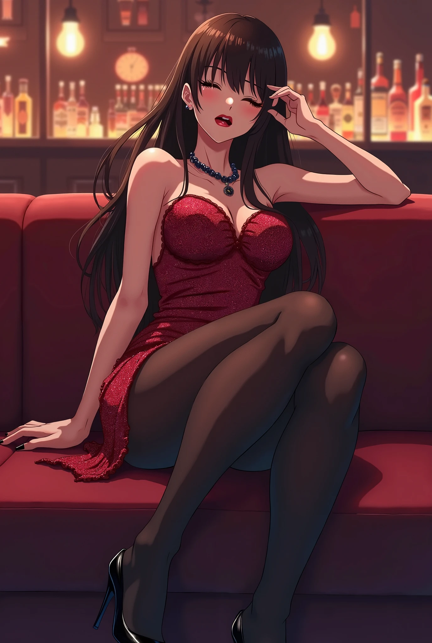 Photograph of a 25 year old woman sitting at the bar. Beautiful, gorgeous, cute, sexy, erotic. Long eyelashes, pretty brown eyes, eyeglasses, black hair, perky lips. Erotic facial expressions, erotic poses. 36dd breast, big belly, big hips, big buttocks, curvaceous body. red and black latex bra, red and black latex panties, black stockings with red trim, red high heels. Liquor, neon light, cocktail glasses. Full body shot, cinematic lighting, reflection light, backlighting, UHD, masterpiece, anatomically correct, textured skin, super detail, 8k
