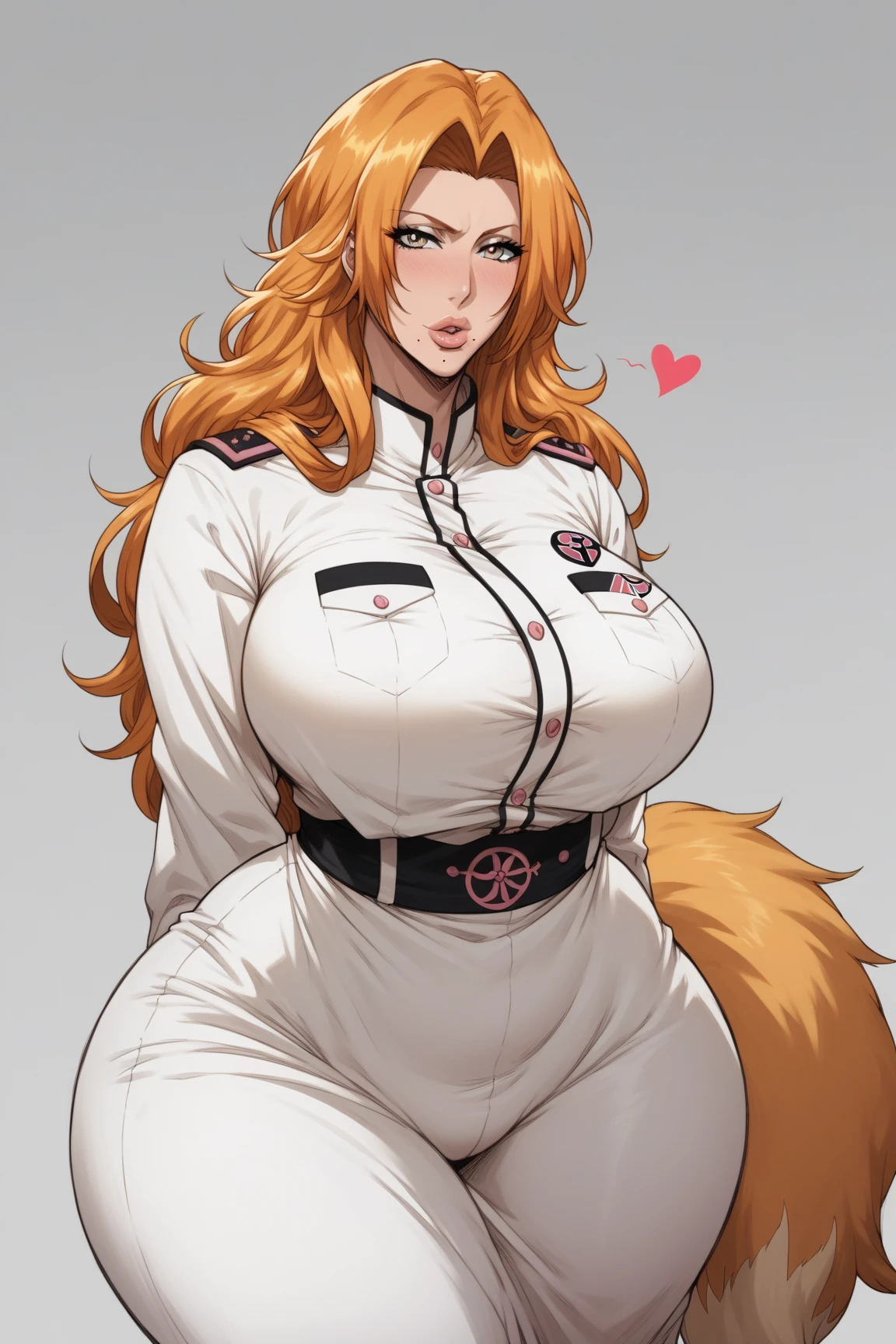 rating_explicit heat body, tall, milf, rangiku matsumoto, long hair, grey eyes, orange hair, mole, mole under mouth, parted bangs,, white monk uniform, long sleeves, detailed eyes, heart shaped lips, fox tail. senos enormes, bottomheavy, gigantic ass, massive thighs,(obra maestra, altamente detallado, la mejor calidad, 8k),