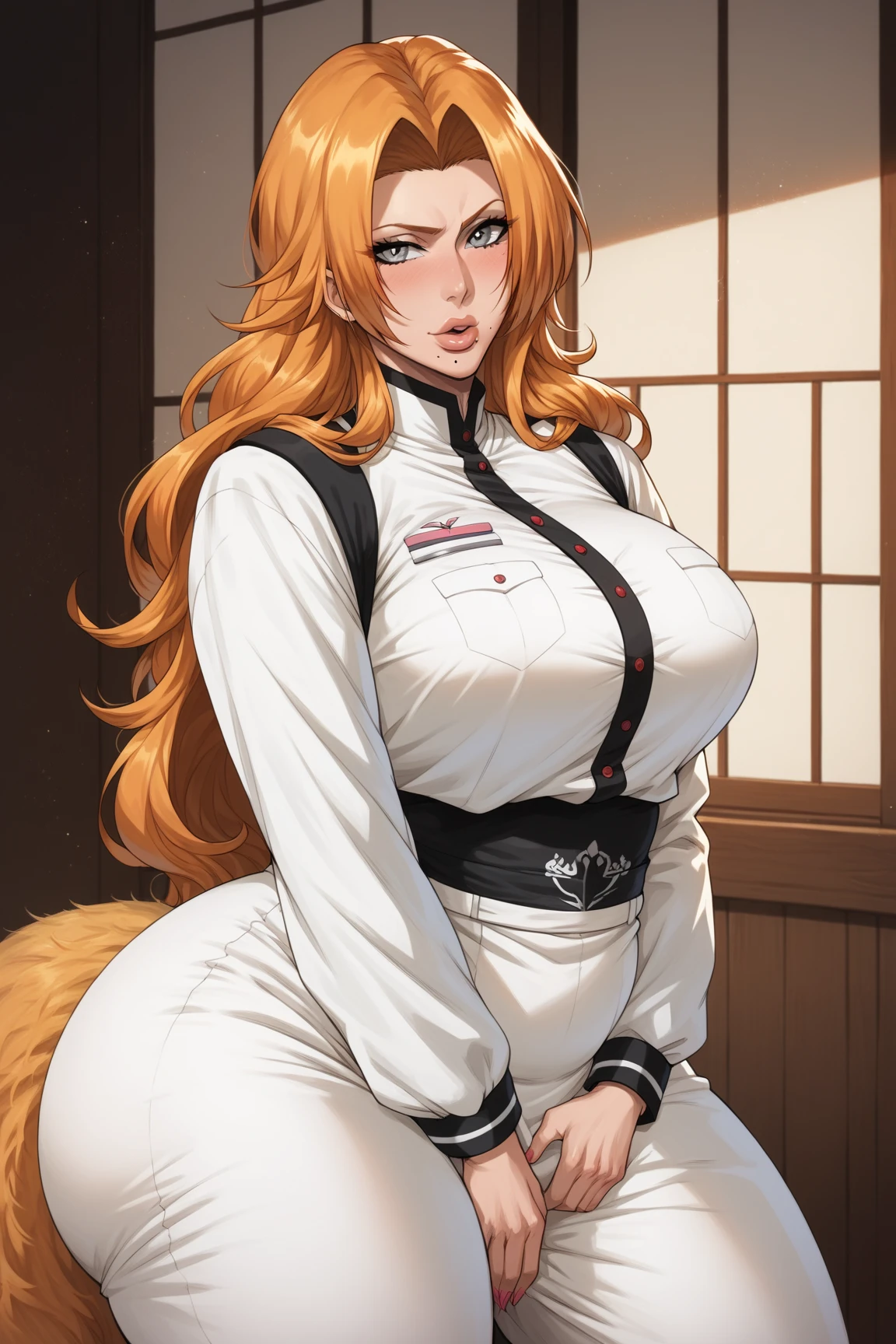 rating_explicit heat body, tall, milf, rangiku matsumoto, long hair, grey eyes, orange hair, mole, mole under mouth, parted bangs,, white monk uniform, long sleeves, detailed eyes, heart shaped lips, fox tail. senos enormes, bottomheavy, gigantic ass, massive thighs,(obra maestra, altamente detallado, la mejor calidad, 8k),