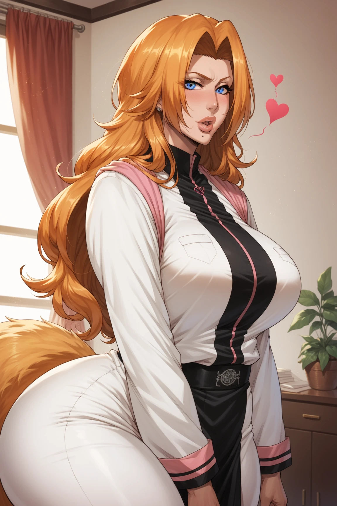 rating_explicit heat body, tall, milf, rangiku matsumoto, long hair, grey eyes, orange hair, mole, mole under mouth, parted bangs,, white monk uniform, long sleeves, detailed eyes, heart shaped lips, fox tail. senos enormes, bottomheavy, gigantic ass, massive thighs,(obra maestra, altamente detallado, la mejor calidad, 8k),