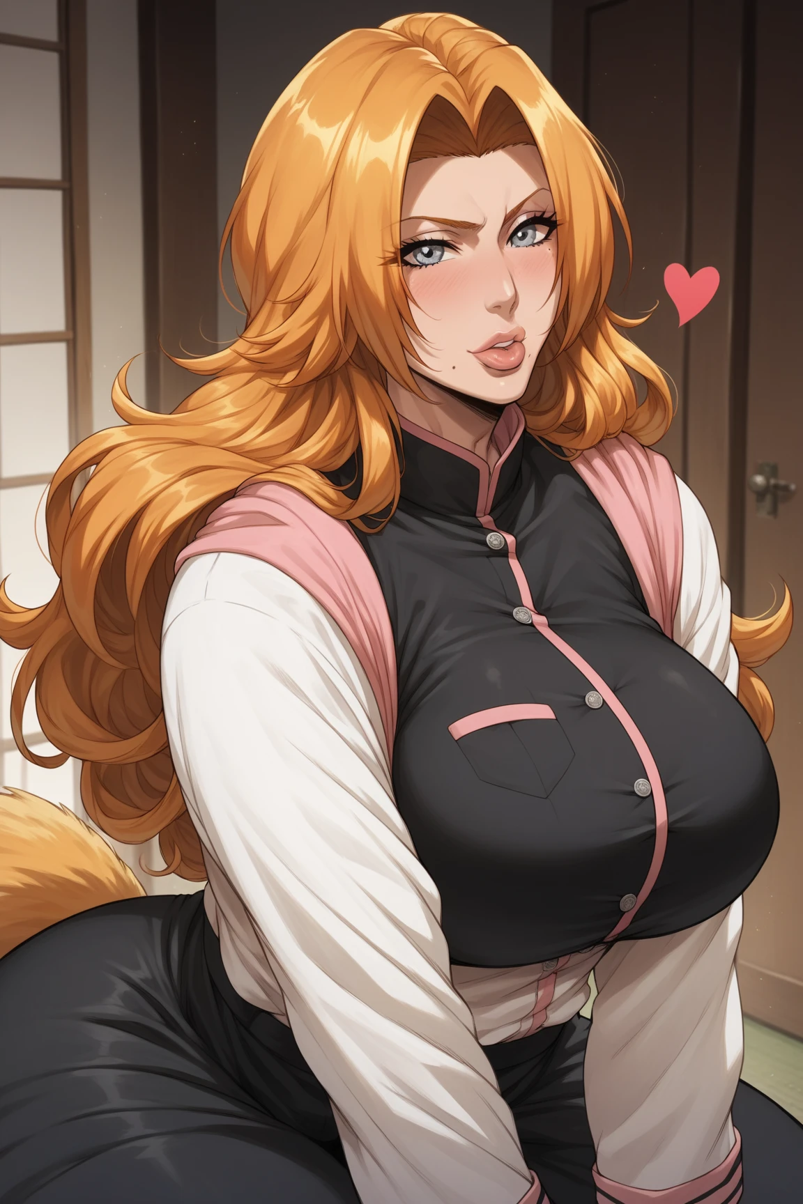 rating_explicit heat body, tall, milf, rangiku matsumoto, long hair, grey eyes, orange hair, mole, mole under mouth, parted bangs,, white monk uniform, long sleeves, detailed eyes, heart shaped lips, fox tail. senos enormes, bottomheavy, gigantic ass, massive thighs,(obra maestra, altamente detallado, la mejor calidad, 8k),