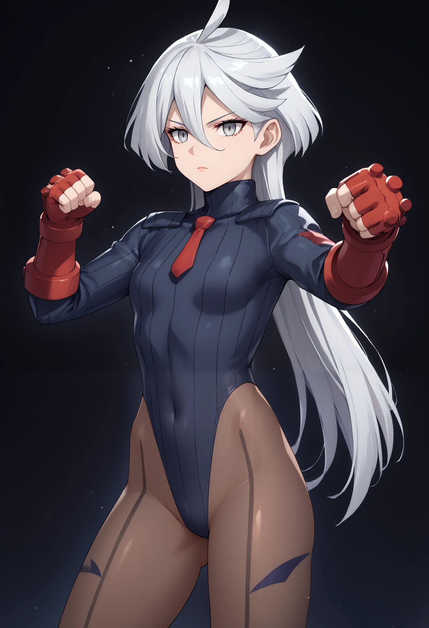 score_9, score_8_up, score_7_up, score_6_up, source_anime, 1 girl, miorine rembran, ahoge, grey eyes, detailed eyes,grey hair, hair between eyes, long hair, swept bangs, dark dollsuit, pantyhose,(seamed legwear),cowboy shot, ((fist bump)),brofist,raised leg,punch,expressionless,void eyes,simple background