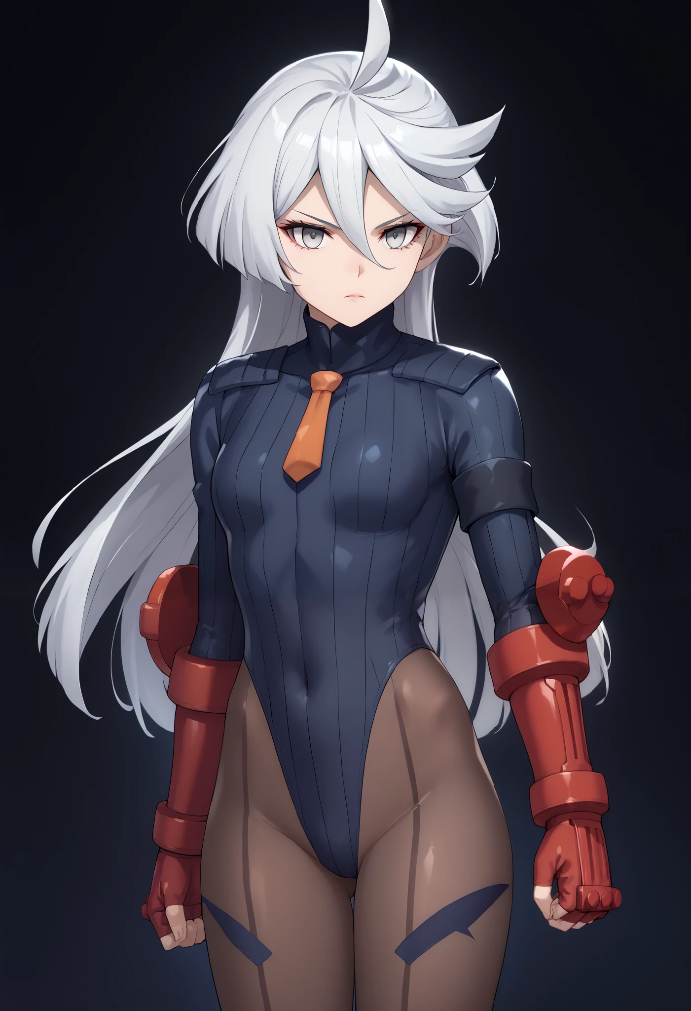 score_9, score_8_up, score_7_up, score_6_up, source_anime, 1 girl, miorine rembran, ahoge, grey eyes, detailed eyes,grey hair, hair between eyes, long hair, swept bangs, dark dollsuit, pantyhose,(seamed legwear),cowboy shot, ((fist bump)),brofist,raised leg,punch,expressionless,void eyes,simple background