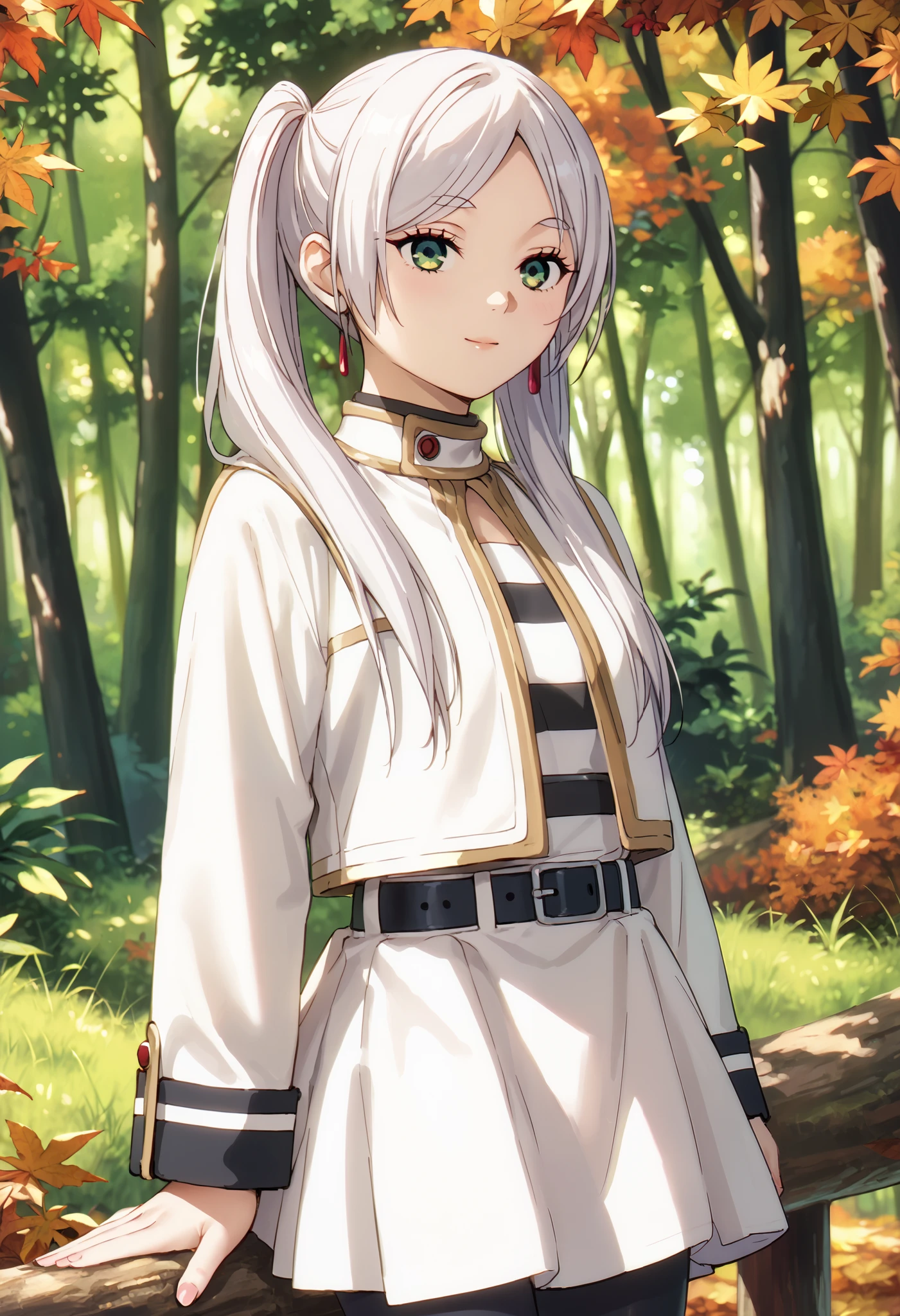 sfw, anime style, extremely detailed CG, high resolution, best quality, masterpiece, single woman, frieren (Sōsō no Frieren), white hair, ponytails on the sides, green eyes, (beautiful detailed eyes: 1.4) white outfit, black and white striped shirt, white jacket, black belt, white skirt, black leggings, natural pose, beautiful forest, autumn