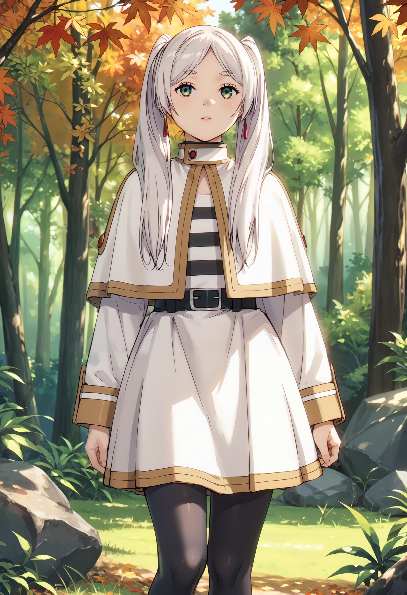 sfw, anime style, extremely detailed CG, high resolution, best quality, masterpiece, single woman, frieren (Sōsō no Frieren), white hair, ponytails on the sides, green eyes, (beautiful detailed eyes: 1.4) white outfit, black and white striped shirt, white jacket, short white cape (covering her shoulders), black belt, white skirt, black leggings, natural pose, beautiful forest, autumn