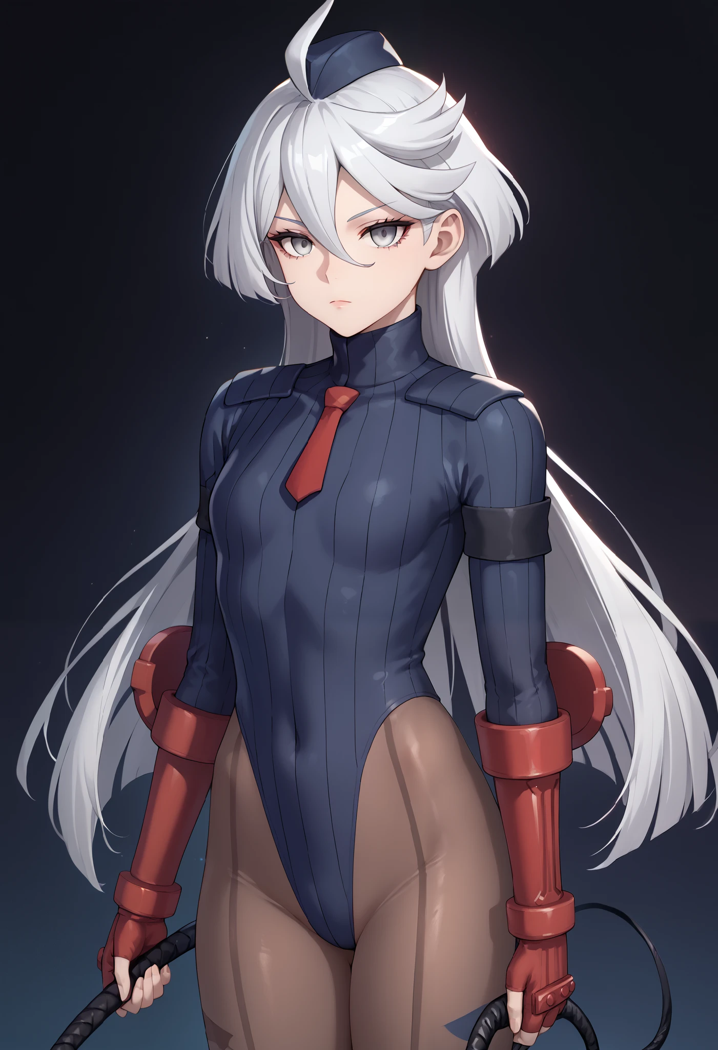 score_9, score_8_up, score_7_up, score_6_up, source_anime, 1 girl, miorine rembran, ahoge, grey eyes, detailed eyes,grey hair, hair between eyes, long hair, swept bangs, dark dollsuit, pantyhose,(seamed legwear),cowboy shot, looking at viewer, (holding whip),raised hands,expressionless,void eyes,simple background