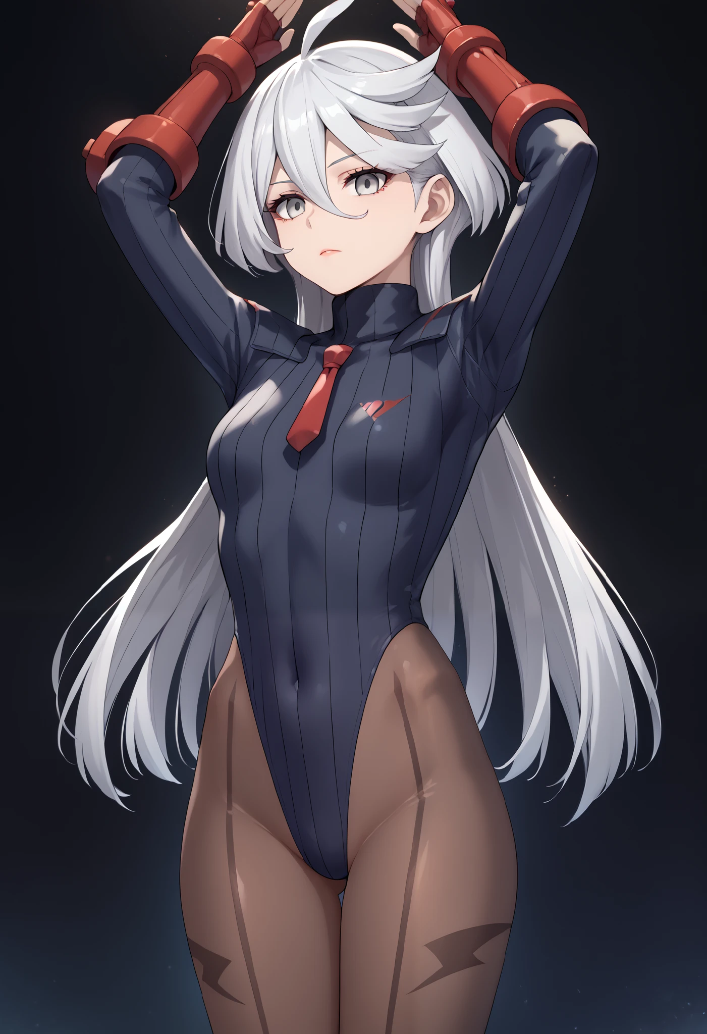 score_9, score_8_up, score_7_up, score_6_up, source_anime, 1 girl, miorine rembran, ahoge, grey eyes, detailed eyes,grey hair, hair between eyes, long hair, swept bangs, dark dollsuit, pantyhose,(seamed legwear), front view,cowboy shot, looking at viewer, defending herself with a long stick,raised arms,fighting instance,expressionless,void eyes,simple background