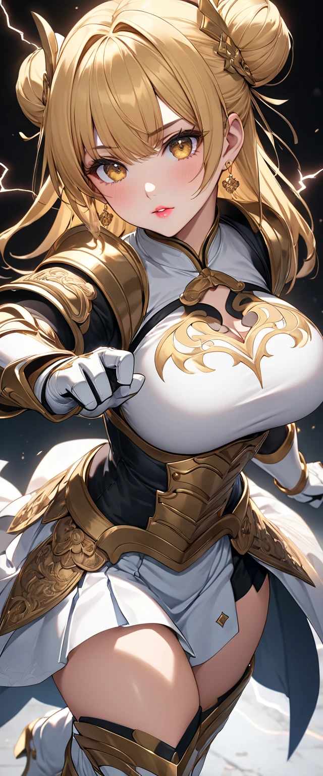 ( PERFECT ANATOMY)、 Mastepiece、 Ultra High Quality 、 8k、masterpiece、 top quality、 super high resolution、Maximum resolution、Very detailed、 professional lighting、anime、woman、thin、 Very Beautiful 、Highly detailed eyes、Highly detailed faces、 golden earrings、Blonde, bun, Yellow Eyes、Detailed armor patterns、Big breasts,  makeup, eyeliner, eye shadow, pink cheek, pink lips, goddess armor, white open mini skirt , full body, gold pattern, white super long boots, white long gloves, female martial artist, high heels, white clawed gauntlets, white cute headgear, gold knee armor, random pose, Striking with magical lightning