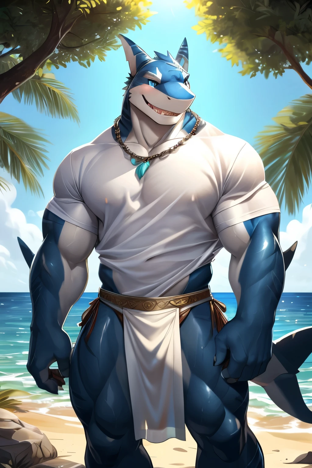 hi res,(shark, finless shark), not furry, anthro, aqua blue eyes, narrow width loincloth, male, muscular, muscular anthro, muscular male, tail, outside, plant, light blue body, sea, solo, tree, (water), detailed background,by milkytiger1145,by takemoto arashi,by null-ghost, cold atmosphere, open smile, soft blue blush, muscular thighs, thick thighs, wide hips, single fin, loincloth accessory, loincloth jewelry, jewels and ornaments for loincloth, sexy loincloth, ((white tshirt, white tshirt)), wearing white tshirts, ((white tshirt, white tshirt))