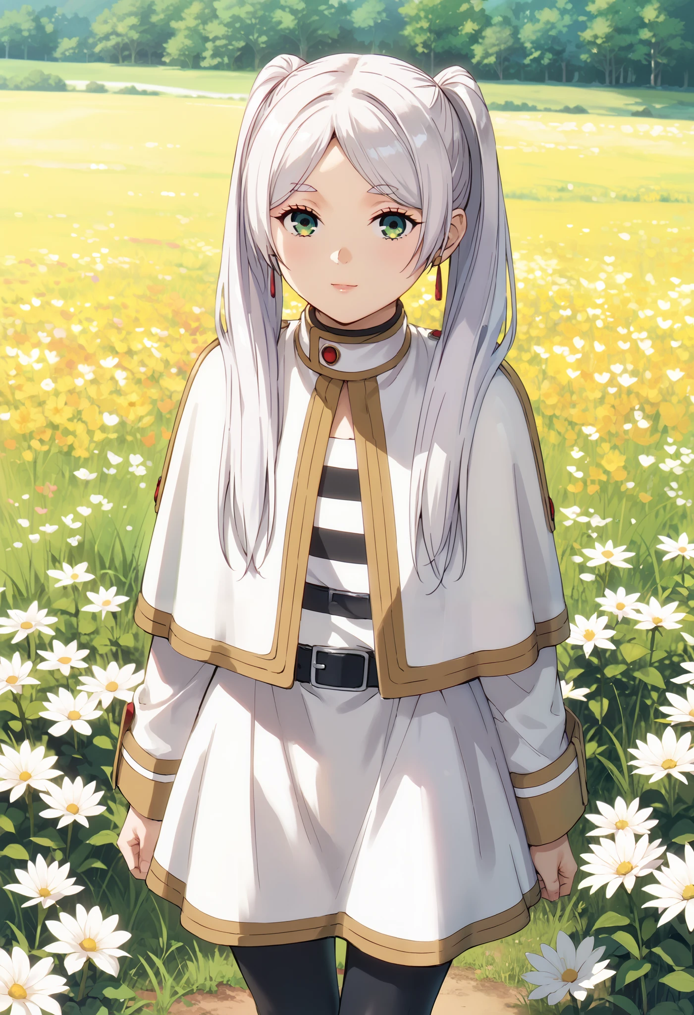 sfw, anime style, extremely detailed CG, high resolution, best quality, masterpiece, single woman, frieren (Sōsō no Frieren), white hair, ponytails on the sides, green eyes, (beautiful detailed eyes: 1.4) white outfit, black and white striped shirt, white jacket, short white cape (covering her shoulders), black belt, white skirt, black leggings, natural pose, field of flowers (blue)