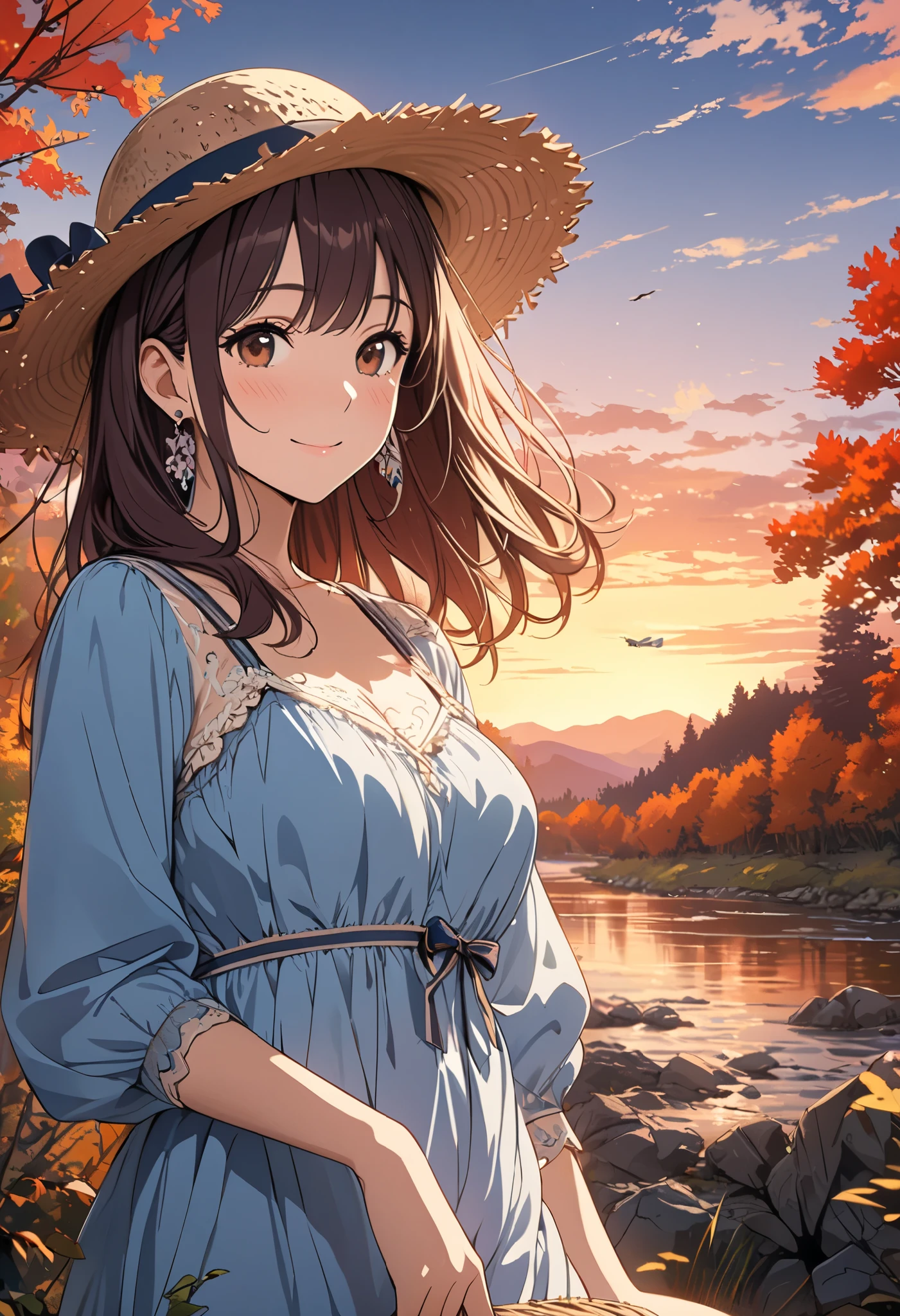 ( masterpieces during breakfast,  top quality), ( very detailed), 8k wallpaper,  high resolution detail ,Line art,  pastel colors, 1 cute girl,  Straw Hat , dark maroon long hair ,  beautiful brown eyes, Mid-chest,  look at me and smile, (Blue Long Sleeve Dress ),  earrings for a woman alone, Accurate hand drawing,  anatomically accurate and beautiful system,  side angle, Autumn scenery, dusk, River bank, Majestic Mountain々,  The Sky Is Full of Color ,  Orange-red Sunset ,  Airplane Clouds Sparkling in the Sunset,  vibrant colors, forest, Bare Branches , Wildlife and nature compete , The light shines,  backgrounds, 