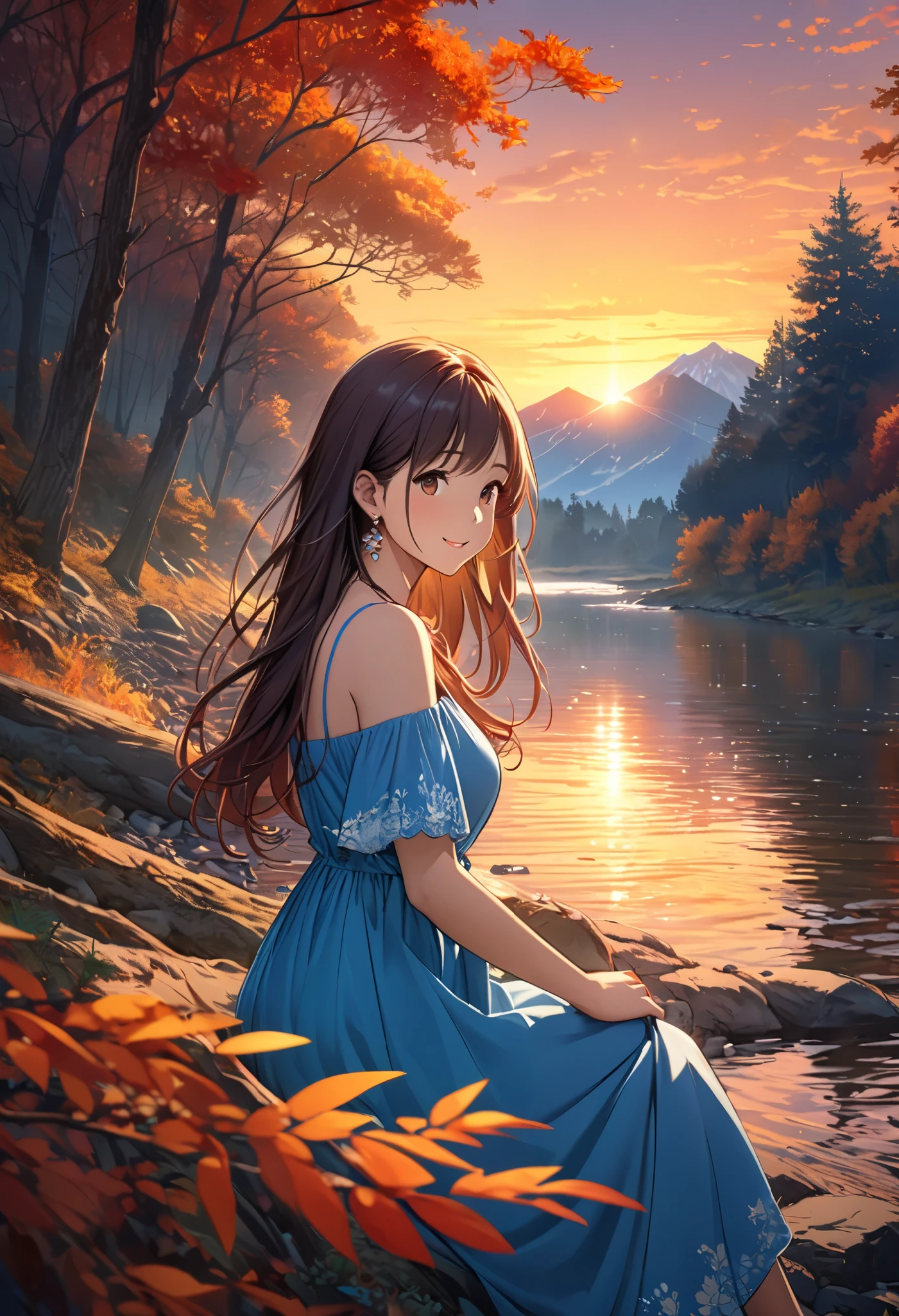 ( masterpieces during breakfast, top quality), ( very detailed), Line art, pastel colors, 1 cute girl, Straw Hat , dark maroon long hair , beautiful brown eyes, Mid-chest, Keep your mouth shut, smile, ( blue dress :1.3), earrings for a woman alone, Bare Shoulder , side angle, Autumn scenery, dusk, River bank, Majestic Mountain々 Original Photo , The Sky Is Full of Color , Orange-red Sunset , ( vibrant colors,Warm Light Source :1.2), (forest,Bare Branches :1.2, 8k wallpaper), intricate details, high resolution detail , (Detailed animated illustration art including beautiful wildlife and nature competition , The light shines), ( anatomically accurate , Accurate, high detail, top quality),Detailed animated illustration art including backgrounds,