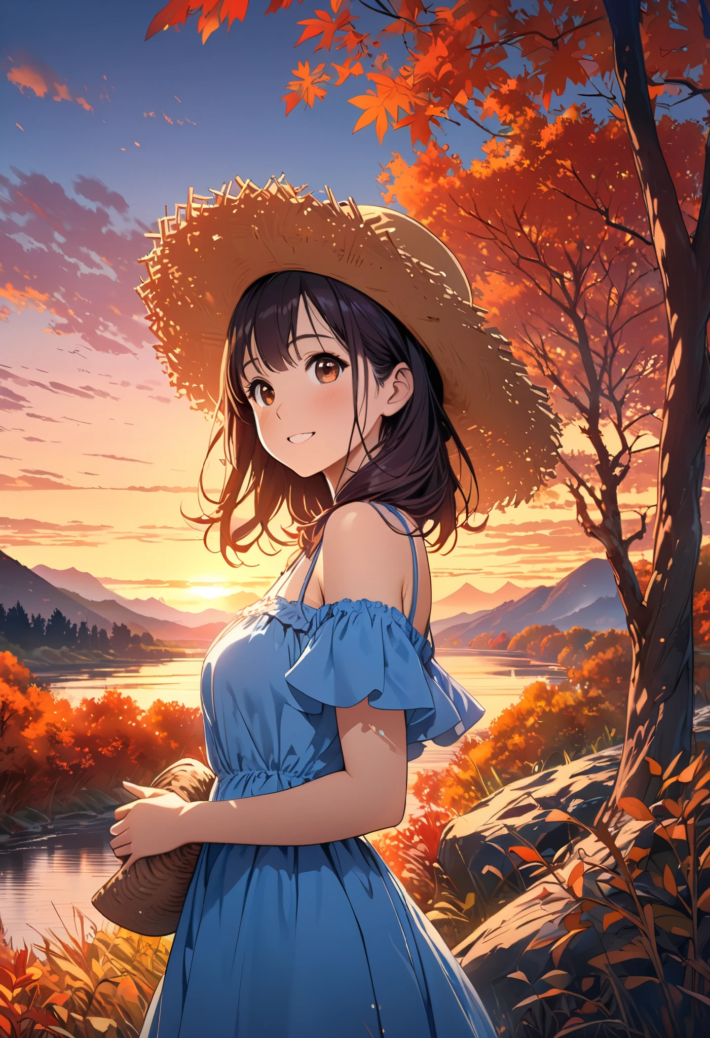 ( masterpieces during breakfast, top quality), ( very detailed), Line art, pastel colors, 1 cute girl, Straw Hat , dark maroon long hair , beautiful brown eyes, Mid-chest, Keep your mouth shut, smile, ( blue dress :1.3), Bare Shoulder , side angle, Autumn scenery, dusk, River bank, Majestic Mountain々 Original Photo , The Sky Is Full of Color , Orange-red Sunset , ( vibrant colors,Warm Light Source :1.2), (forest,Bare Branches :1.2, 8k wallpaper), intricate details, high resolution detail , ( Beautiful Wildlife and Natural Wonders, The light shines), ( anatomically accurate , Accurate, high detail, top quality), backgrounds,