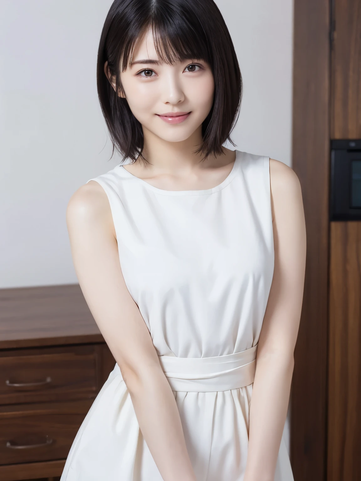 ( super beautiful girl :1.2), neat and clean woman , masterpieces during breakfast , top quality, Great Skin, delicate face, cool smile, Young Face, clean looking , Sparkling Eyes , double eyelids 、 (( high definition )), (( High Definition CG Unity 8k Wallpaper )), short hair to be shouldered, bangs, Elegant rounded bob , Face Facing Front、 Woman portrait, An attractive and captivating , dim room, sentimental、 waist、Waist、thigh、