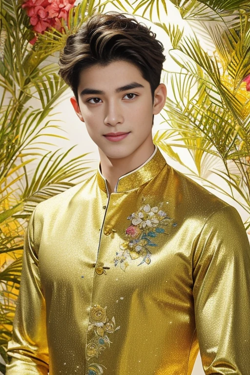  masterpiece ,  High quality,  official art, beautiful 1 boy ,  very detailed ,  fractal art ,  Colorful , The most detailed, Sparkling gold jewelry,  Colorful  floral shirts , Pose with movement,  dynamic pose.  Details Beautiful and gentle face, Beautiful details and gentle eyes, extremely fine grained transparency,  symmetrical eyes  , natural smile, floral attire around him.