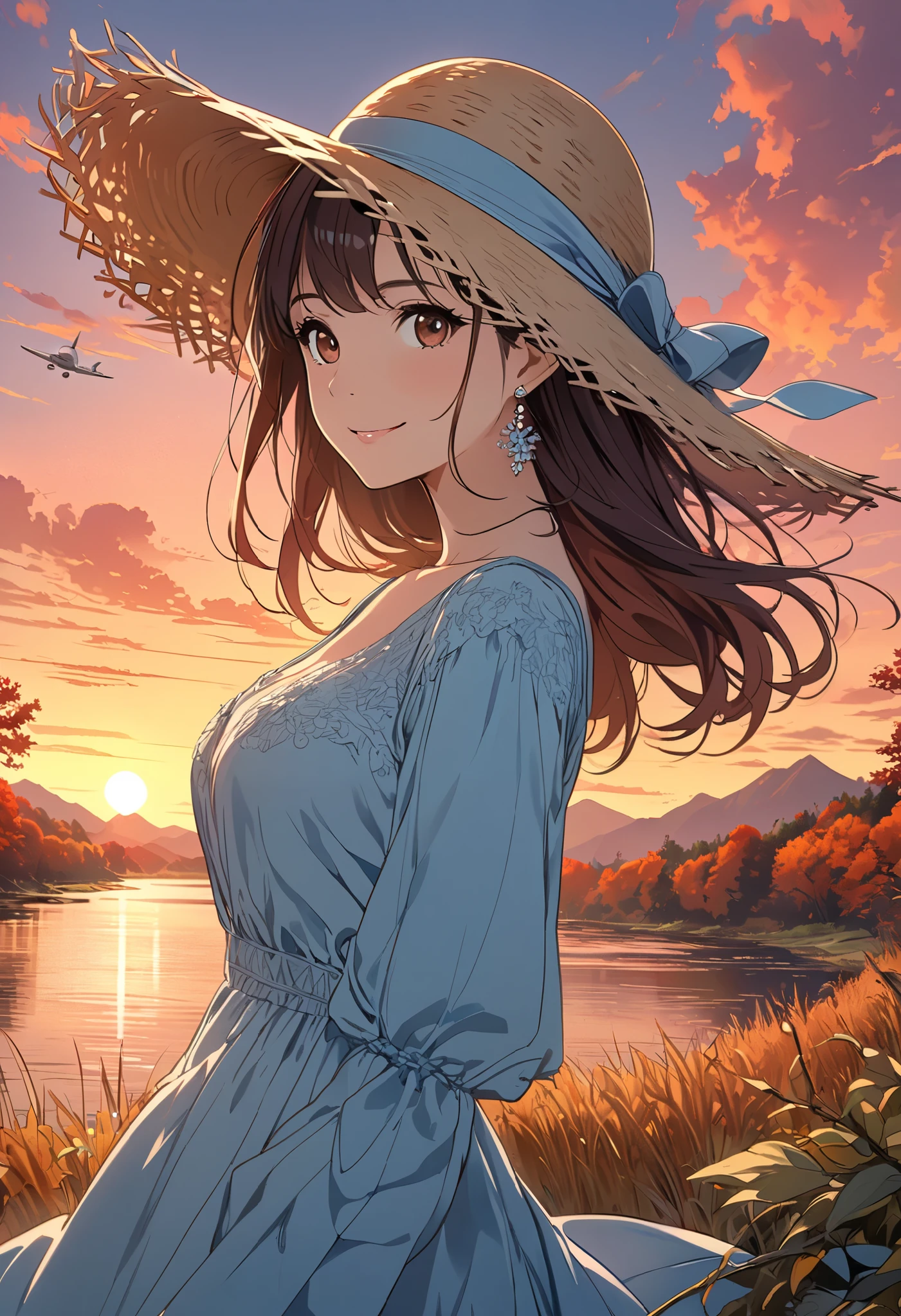 ( masterpieces during breakfast,  top quality), ( very detailed), 8k wallpaper,  high resolution detail ,Line art,  pastel colors, 1 cute girl,  Straw Hat , dark maroon long hair ,  beautiful brown eyes, Mid-chest,  look at me and smile, (Blue Long Sleeve Dress ),  earrings for a woman alone, Accurate hand drawing,  anatomically accurate and beautiful system,  side angle, Autumn scenery, dusk, River bank, Majestic Mountain々,  The Sky Is Full of Color ,  Orange-red Sunset , Airplane clouds shining in the sunset ,  vibrant colors, forest, Bare Branches , Wildlife and nature compete , The light shines, Detailed animated illustration art including backgrounds, 