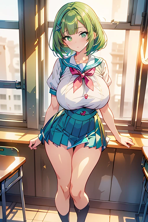 ((precure style)), extremely delicate and beautiful, super fine illustrations, slim and long, 1girl, (((school uniform))), ((bob haircut, medium hair)), ((gentle large green eyes)), (green hair), (tall stature:1.5),(super tall:1.4), (huge breasts, large breasts:1.6), 1girl, solo, looking at viewer, full body shot, soft smile, elegant pose, bright colors, detailed outfit, warm lighting