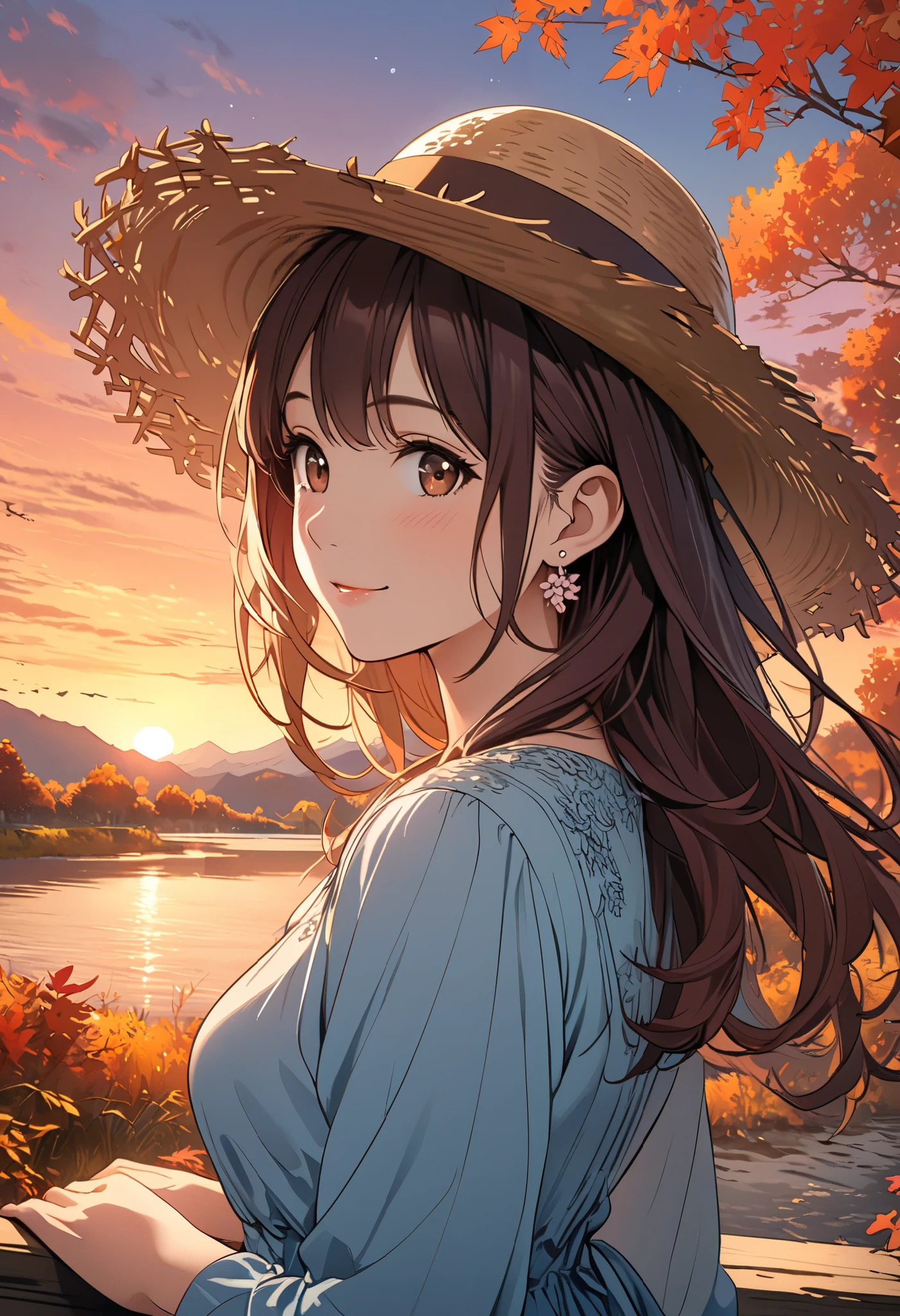 ( masterpieces during breakfast,  top quality), ( very detailed), 8k wallpaper,  high resolution detail ,Line art,  pastel colors, 1 cute girl,  Straw Hat , dark maroon long hair ,  beautiful brown eyes, Mid-chest,  look at me and smile, (Blue Long Sleeve Dress ),  earrings for a woman alone, Accurate hand drawing,  anatomically accurate and beautiful system,  side angle, Autumn scenery, dusk, River bank, Majestic Mountain々,  The Sky Is Full of Color ,  Orange-red Sunset ,  Airplane Clouds Sparkling in the Sunset,  vibrant colors, forest, Bare Branches , Wildlife and nature compete , The light shines,  backgrounds, 