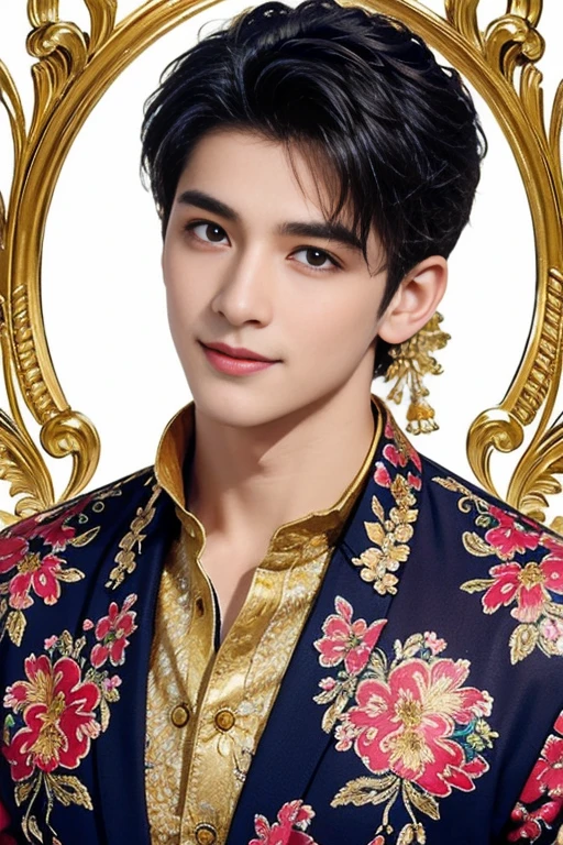  masterpiece ,  High quality,  official art, beautiful 1 boy ,  very detailed ,  fractal art ,  Colorful , The most detailed, Sparkling gold jewelry,  Colorful  floral shirts , Pose with movement,  dynamic pose.  Details Beautiful and gentle face, Beautiful details and gentle eyes, extremely fine grained transparency,  symmetrical eyes  , natural smile, floral attire around him.