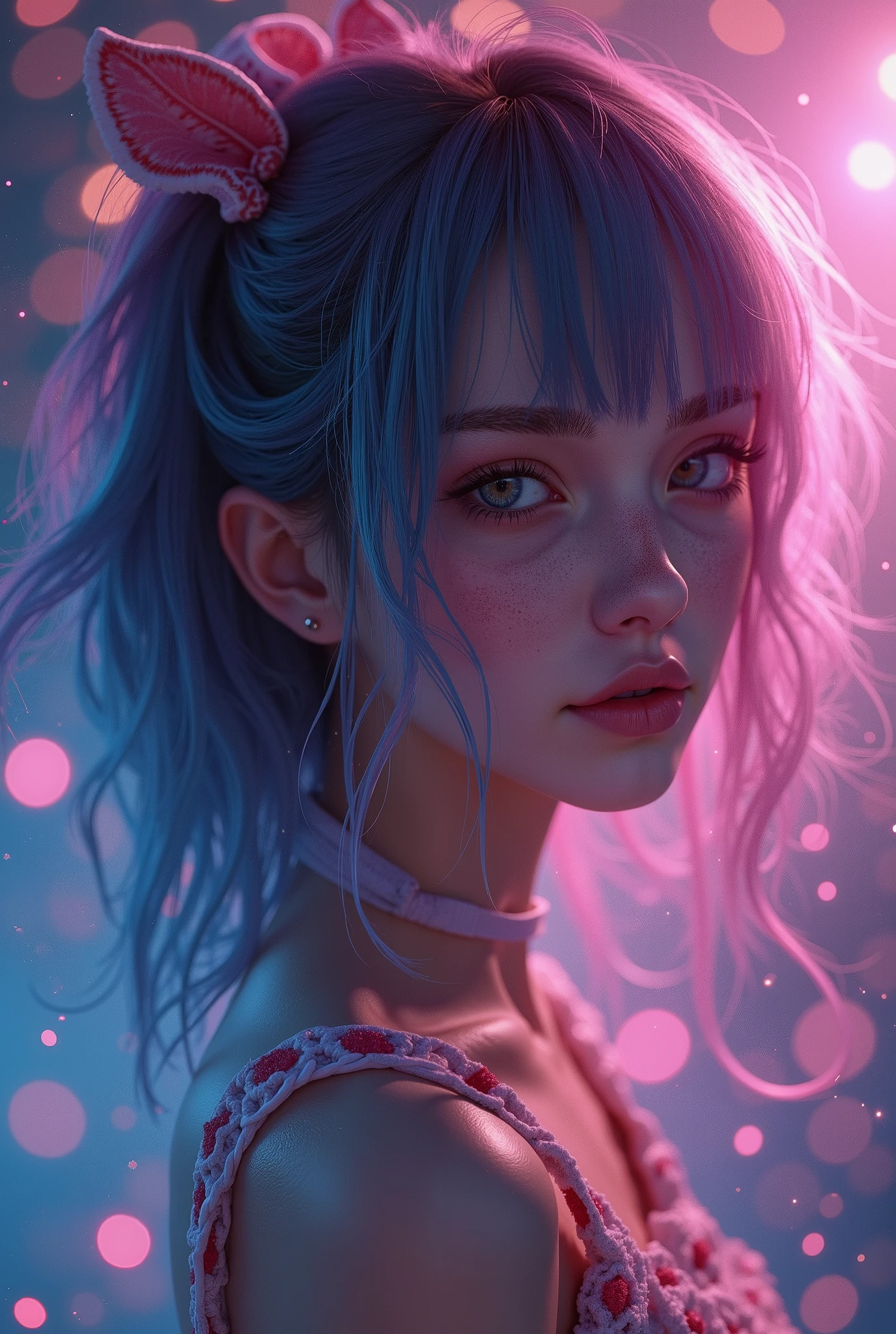 {{masterpiece}}, best quality, extremely detailed CG unity 8k wallpaper, cinematic lighting, lens flare, beautiful detail eyes, black, side glance, multicolor hair, colorful light, particles, heterochromia, (colorful:1.5), (colorful hair:1.5),