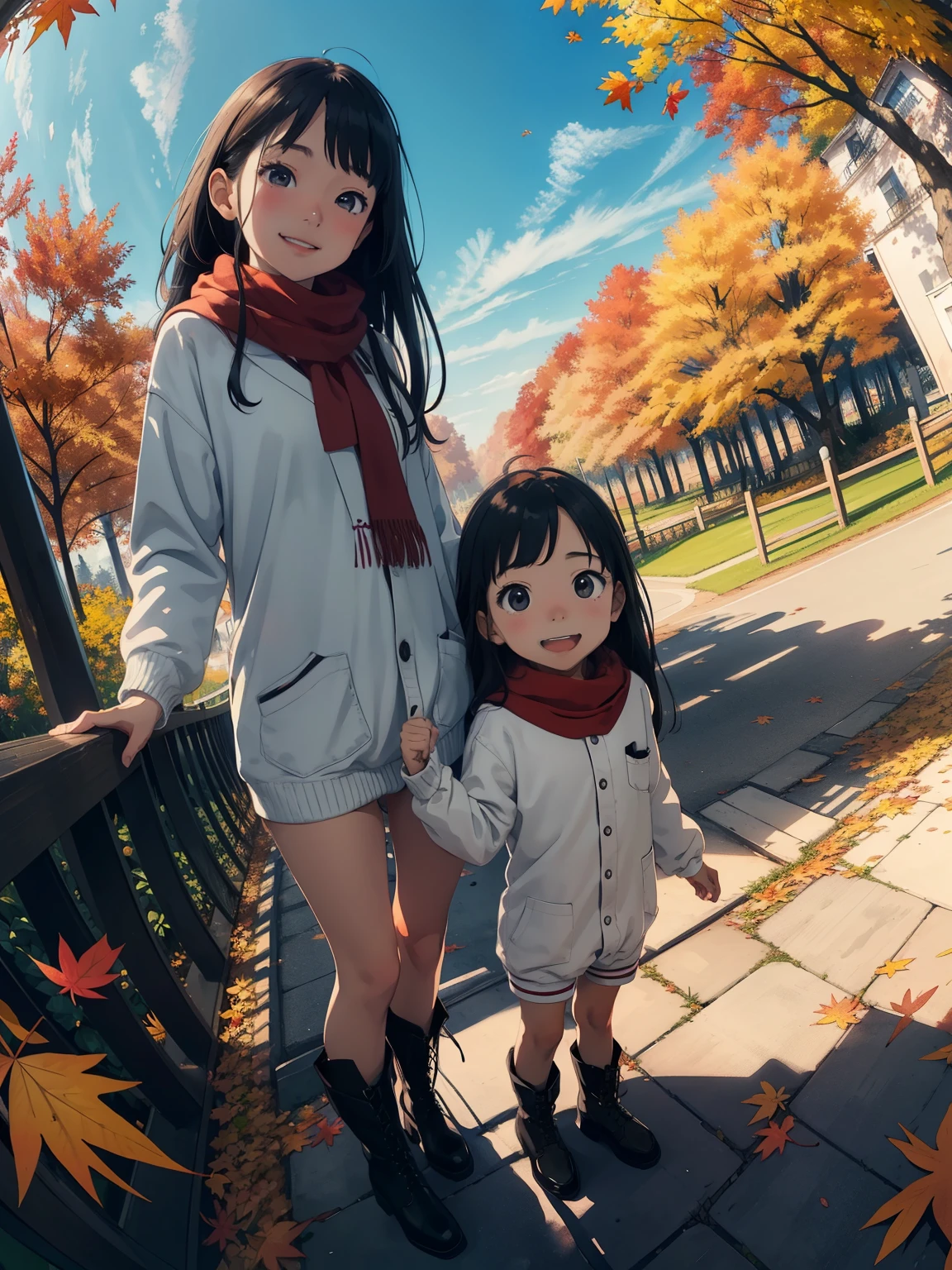  masterpieces during breakfast ，  top quality，  high image quality，(  super flat  ,  flat shading )，  beautiful black hair ，  fisheye lens， cute petite trained young mother and 、Very cute little trained daughter :1.25，  warm scarf， Long sleeve sailor suit，(naked)， long hair，  boots，smile, smile，White Breath，fun, play，Autumn park garden，  fall leaves for vaginal discharge，，Autumn sky，dusk，  Beautiful Sunsets  ，Wide angle，  bright color ，watercolor, Ghibli style，Strong winds， Girl Temptation，  girl&#39;Lure，