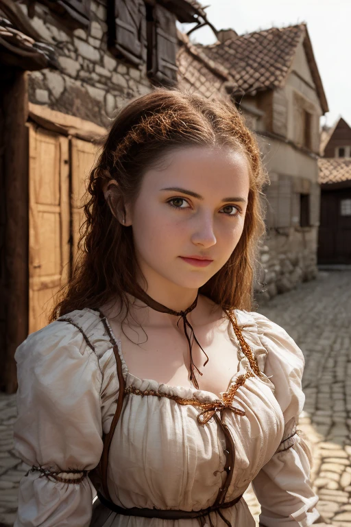 hyper-realistic,  cute little peasant girl ,  in a small European village , (18 years old), ( detailed face and eyes), (Sensual), pleasure,  small breasts, perfect adult body , full body portrait, Expressão de pleasure,   masterpiece , idyllic aura , MEDIEVAL ATMOSPHERE,  Cinematic lighting,  hair with honey details , little smile,  fine facial features , thin physique, ( depth of field), cinematic