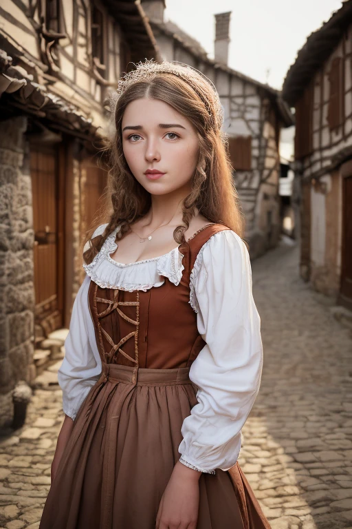 hyper-realistic,  cute little peasant girl ,  in a small European village , (18 years old), ( detailed face and eyes), (Sensual), pleasure,  small breasts, perfect adult body , full body portrait, Expressão de pleasure,   masterpiece , idyllic aura , MEDIEVAL ATMOSPHERE,  Cinematic lighting,  hair with honey details , little smile,  fine facial features , thin physique, ( depth of field), cinematic