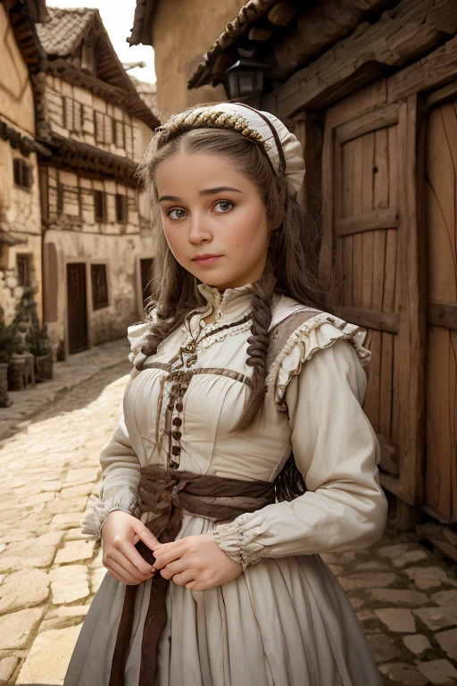 hyper-realistic,  cute  peasant girl ,  in a small European village , (18 years old), ( detailed face and eyes), (Sensual), pleasure,  small breasts, perfect adult body , full body portrait, Expressão de pleasure,   masterpiece , idyllic aura , MEDIEVAL ATMOSPHERE,  Cinematic lighting,  hair with honey details , little smile,  fine facial features , thin physique, ( depth of field), cinematic