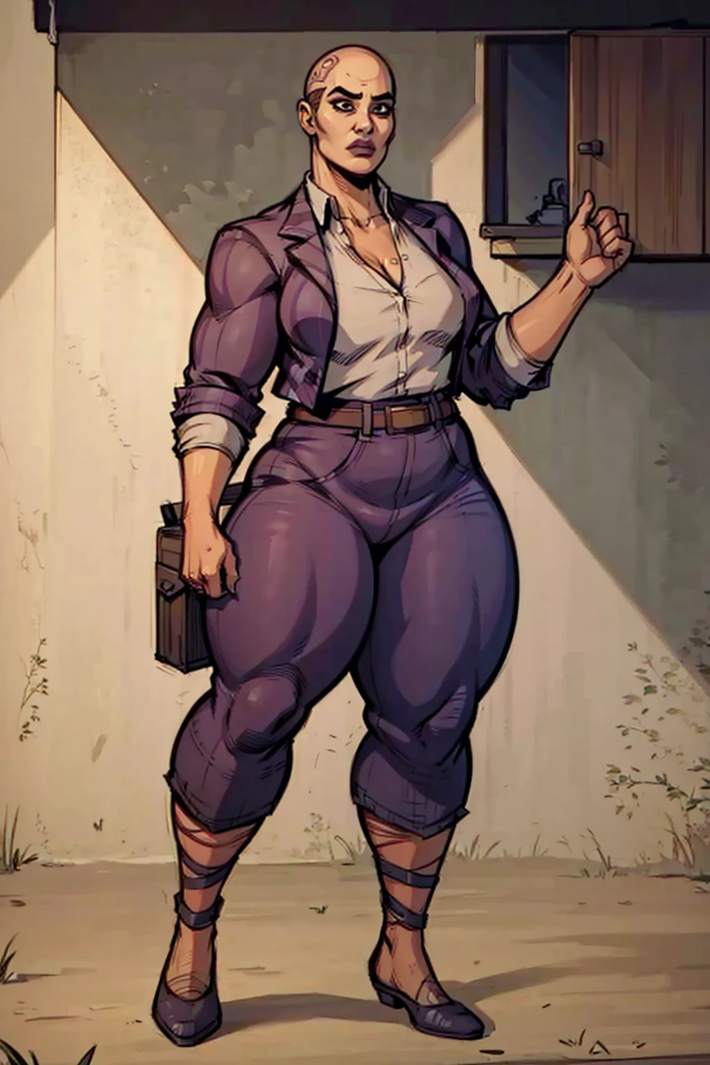 Digital comic art, obese feminine characteristics, bald, standing pose, hands held up in a fighting form, mature woman, adult female, plump figure, whole body, form-fitting, Jane Romero (Dead by Daylight game) inspired costume, blazer, blouse, belt, baggy pants that end above the ankles, belt, flat office heels, 1woman, solo, upper body, lower body, ((Extremely Detailed)), ((Best Quality)), ((Masterpiece)), ((4k)).
