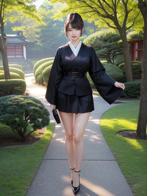  hyperrealistic 8K,  ultra-high definition and realistic depiction , I'm wearing , fashion photography, (Full body leg shot ),  Japanese woman standing, Vintage and beautiful Japanese female models,  full-body image of a Japanese woman in an empty park , Hands behind the body,  I'm wearing a strict black business suit , Black short tight skirt ,  black ankle strap pumps, Seductive figure ,  , Delicate makeup,  beautiful face, Smiling, The eyes of the audience , My eyes are very well-balanced ,  extremely detailed eyes,  Thin Waist,  thin thighs 