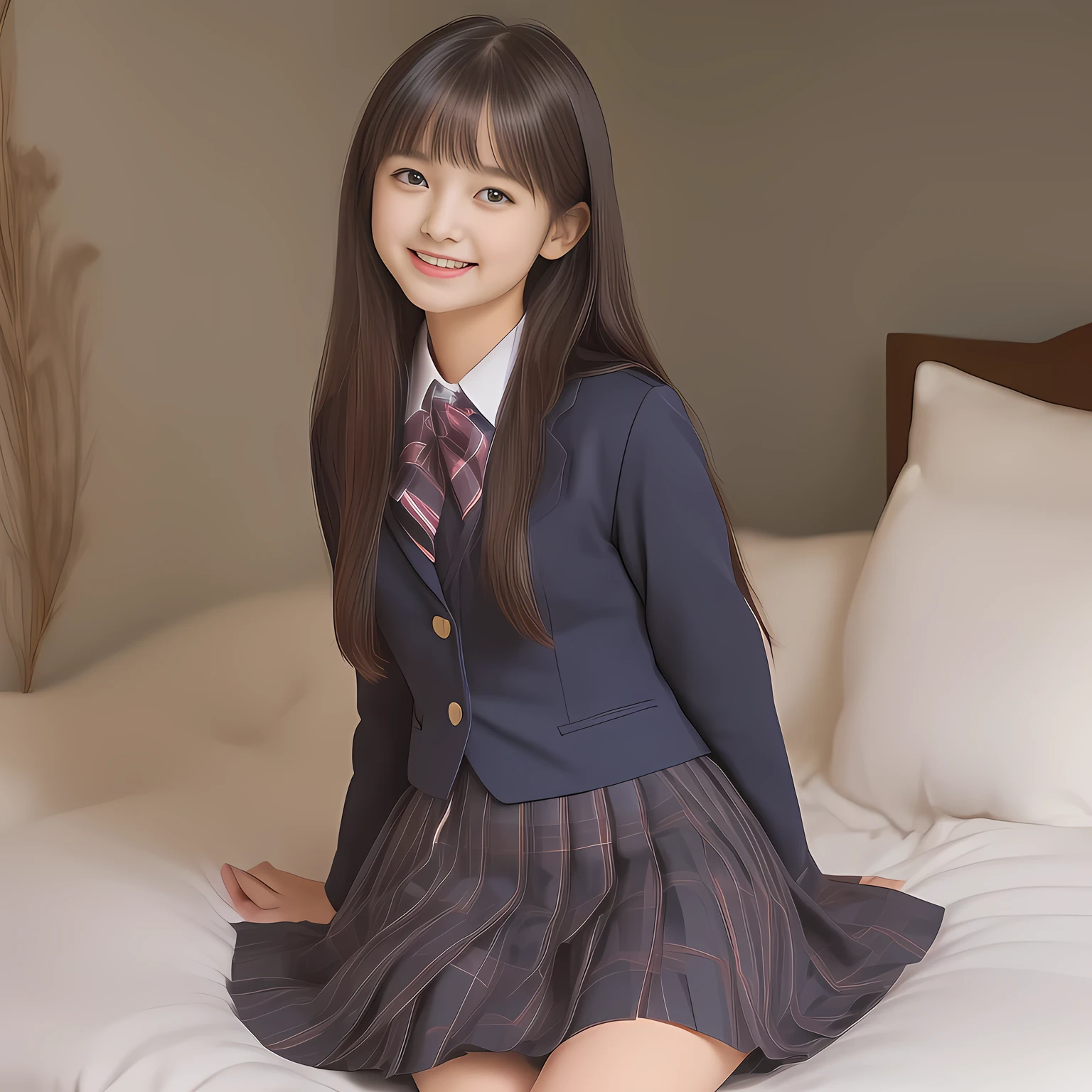 (Highest quality, masterpiece:1.2), Highest quality, High resolution, 1080P, 8k, clearly detailed, (Noble super-pretty long hair hair super-beautiful super-bewitching super-cute expensive school-uniform pretty slender yo girl of most beautiful school-uniform girl models photo magazine in Japan, too beautiful aristocratic daughter is taking the viewer into the bed forcibly, laughing at me: 2.0), (neat gorgeous school uniform of private high school in Japan. navy-school-blazer with gold-emblem, super-neat navy-blue-tartan-checkered blue-pleats-school-skirt, super-girly plain-red ribbon on the breast: 1.5), (bewitching expression, smile, lips, and pose to corrupt the viewer, everything is planned and prepared to corrupt the viewer into the allusion of love towards the girl: 1.2), (clearly detailed foreground focusing on girl's beauty and cuteness, gorgeous blue bed background: 1.2), (navy checkered school skirt), (full body shot)