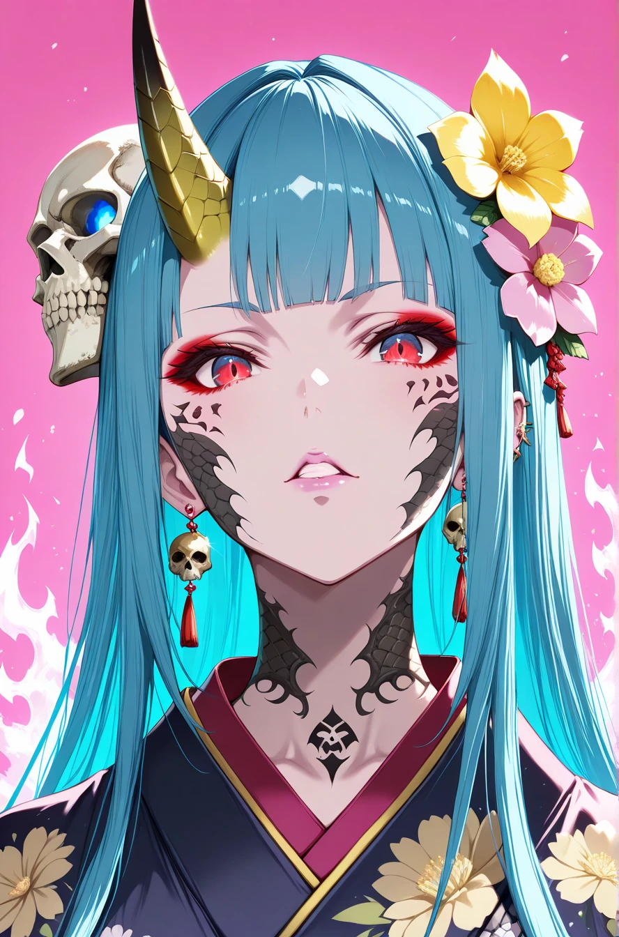 1girl, solo, long_hair, looking_at_viewer, blue_eyes, simple_background, hair_ornament, red_eyes, jewelry, blue_hair, flower, earrings, parted_lips, horns, teeth, japanese_clothes, (artist :hideo kojima:1.32), blunt_bangs, hair_flower, kimono, tattoo, makeup, mask, piercing, facial_mark, floral_print, portrait, fire, ear_piercing, pink_flower, single_horn, skull,pink background,gorgon, yellow_flower, black_kimono, facial_tattoo, white_fire, Good quality, very aesthetic, absurdres, newest, masterpiece, best quality