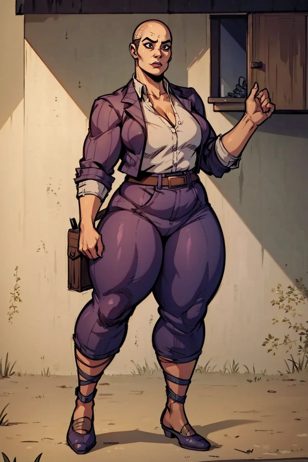 Digital comic art, obese feminine characteristics, bald, standing pose, hands held up in a fighting form, mature woman, adult female, plump figure, whole body, form-fitting, Jane Romero (Dead by Daylight game) inspired costume, blazer, blouse, belt, baggy pants that end above the ankles, belt, flat office heels, 1woman, solo, upper body, lower body, ((Extremely Detailed)), ((Best Quality)), ((Masterpiece)), ((4k)).
