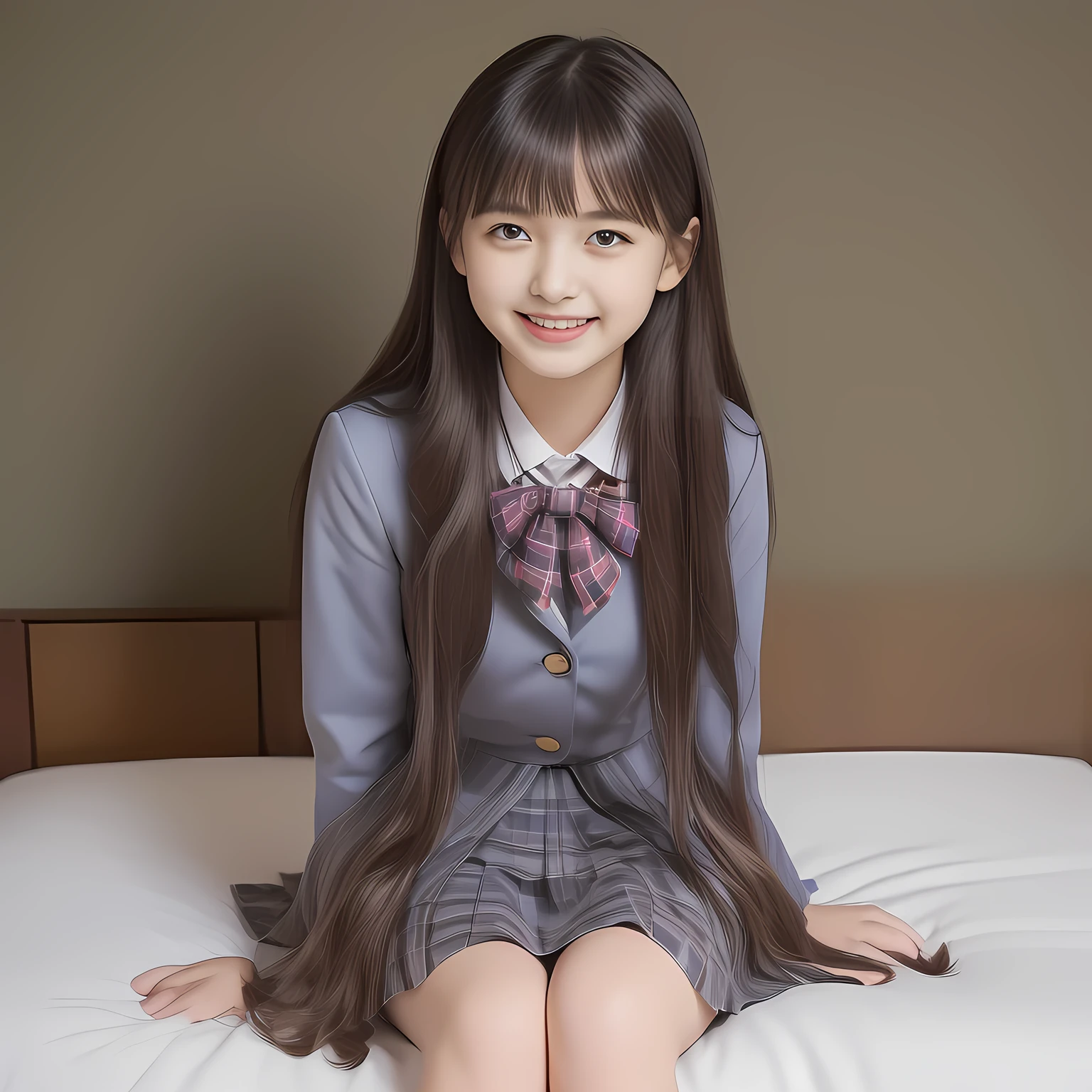 (Highest quality, masterpiece:1.2), Highest quality, High resolution, 1080P, 8k, clearly detailed, (Noble super-pretty long hair hair super-beautiful super-bewitching super-cute expensive school-uniform pretty slender 13yo girl of most beautiful school-uniform girl models photo magazine in Japan, too beautiful aristocratic daughter is taking the viewer into the bed forcibly, laughing at me: 2.0), (neat gorgeous school uniform of private high school in Japan. navy-school-blazer with gold-emblem, super-neat navy-blue-tartan-checkered blue-pleats-school-skirt, super-girly plain-red ribbon on the breast: 1.5), (bewitching expression, smile, lips, and pose to corrupt the viewer, everything is planned and prepared to corrupt the viewer into the allusion of love towards the girl: 1.2), (clearly detailed foreground focusing on girl's beauty and cuteness, gorgeous blue bed background: 1.2), (navy checkered school skirt), (full body shot)