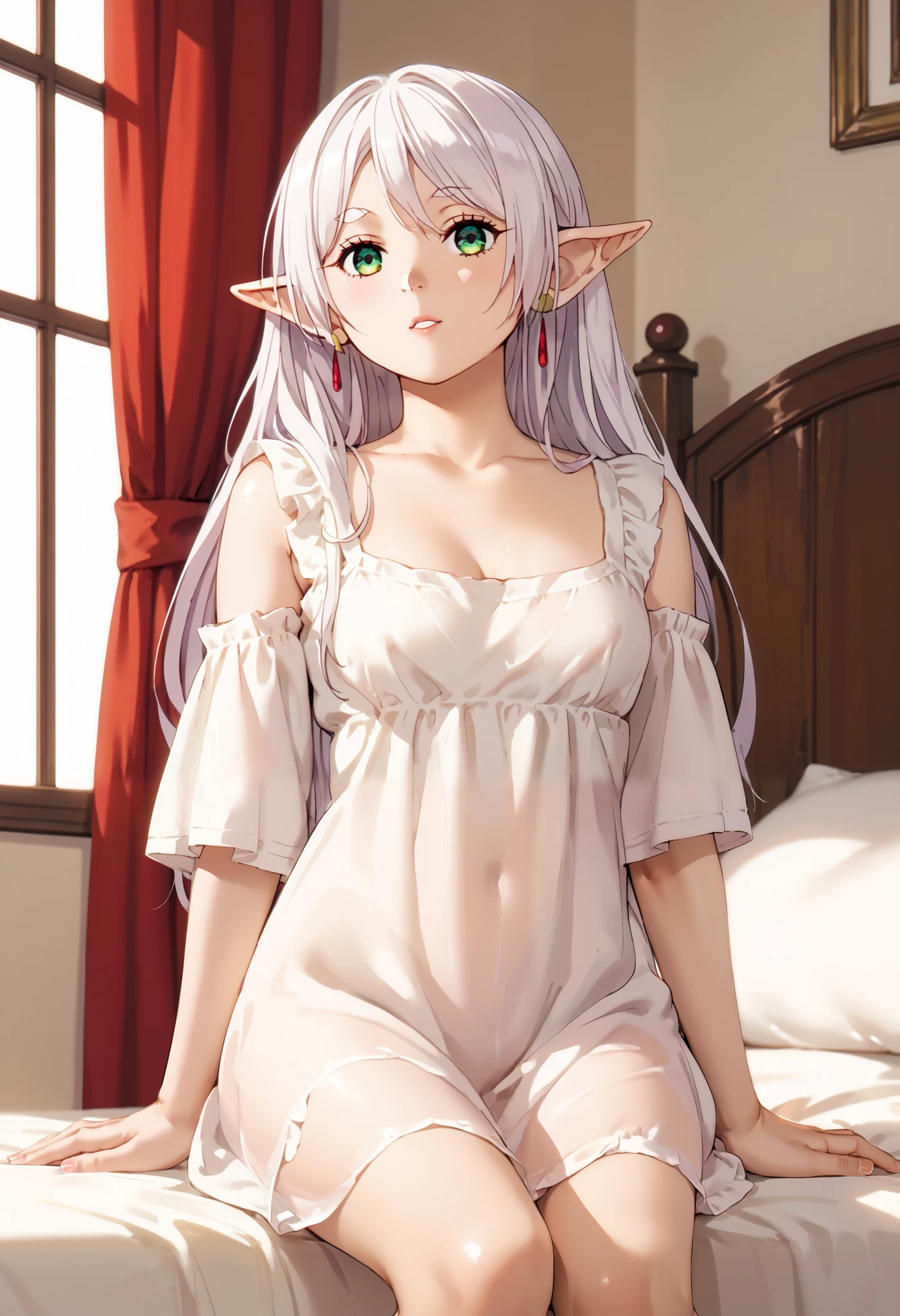 sfw, anime style, extremely detailed CG, high resolution, best quality, masterpiece, single woman, frieren (Sōsō no Frieren), white hair, loose hair, green eyes, (beautiful detailed eyes: 1.4), elven ears, nightdress, half awake, natural pose, bed, medieval inn