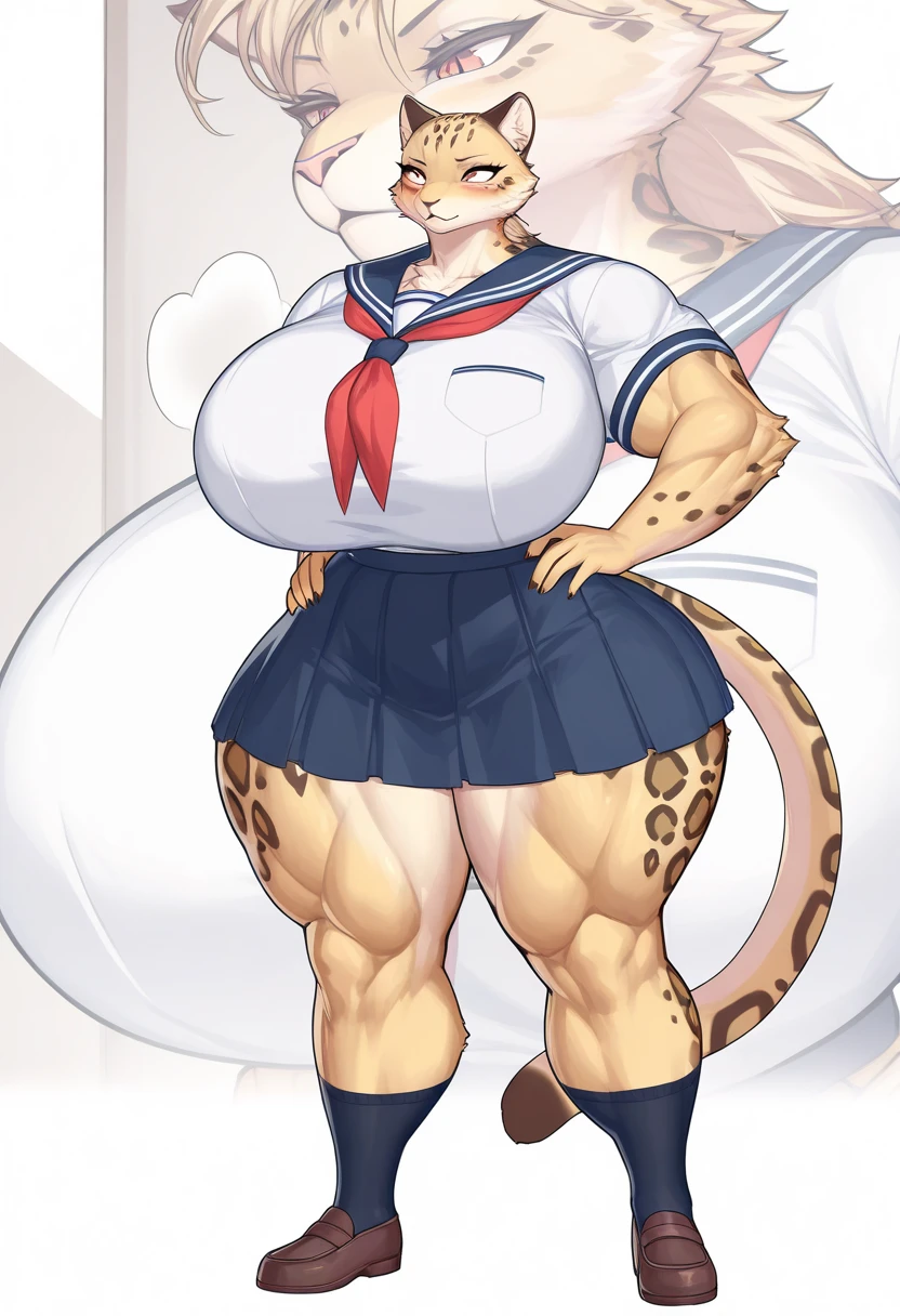 anime-style digital artwork, a hyper-muscular woman with  stands proudly in the water of a sunlit poolside. She has dark brown skin. She is wearing a long white t-shirt with blue accents that bears the word 'MOMMY' across her , the fabric stretched taut over her expansive, muscular frame. Her knee-long denim shorts sitting low on her  and emphasizing her thick, muscular thighs. The woman's pose is relaxed yet commanding; she stands with her feet firmly planted in the water of the pool, her legs slightly apart to create a stable, confident stance. Her arms are lifted behind her head, hands clasped loosely together, which causes her already massive biceps to flex, bulging with power. Her short, red hair, styled in a tousled, carefree manner, frames her face, where her piercing green eyes and a slight smirk exude confidence and a playful energy. She also has cat-like features, including pointed ears atop her head and a long, fluffy red tail that curls gracefully behind her, adding a touch of feline elegance to her powerful presence,  The backdrop features a clear blue skies and a nice garden, creating a serene yet vibrant atmosphere that perfectly complements her strong, commanding pose <lora:hyper_muscular_flux_v1:1.1>