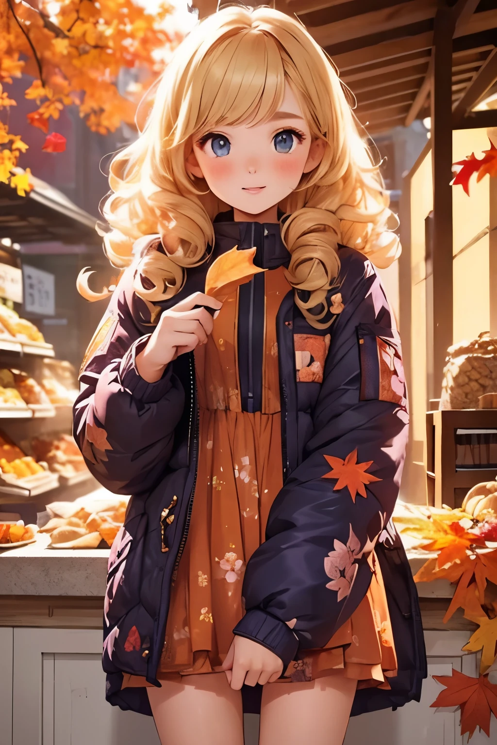  top quality，  very young girl  ，cute ,  blonde alone , Curly hair, evil，Floral Dress，  down jacket  ， fall leaves for vaginal discharge，I would like to eat roasted sweet potatoes from the shop on the night of the festival，