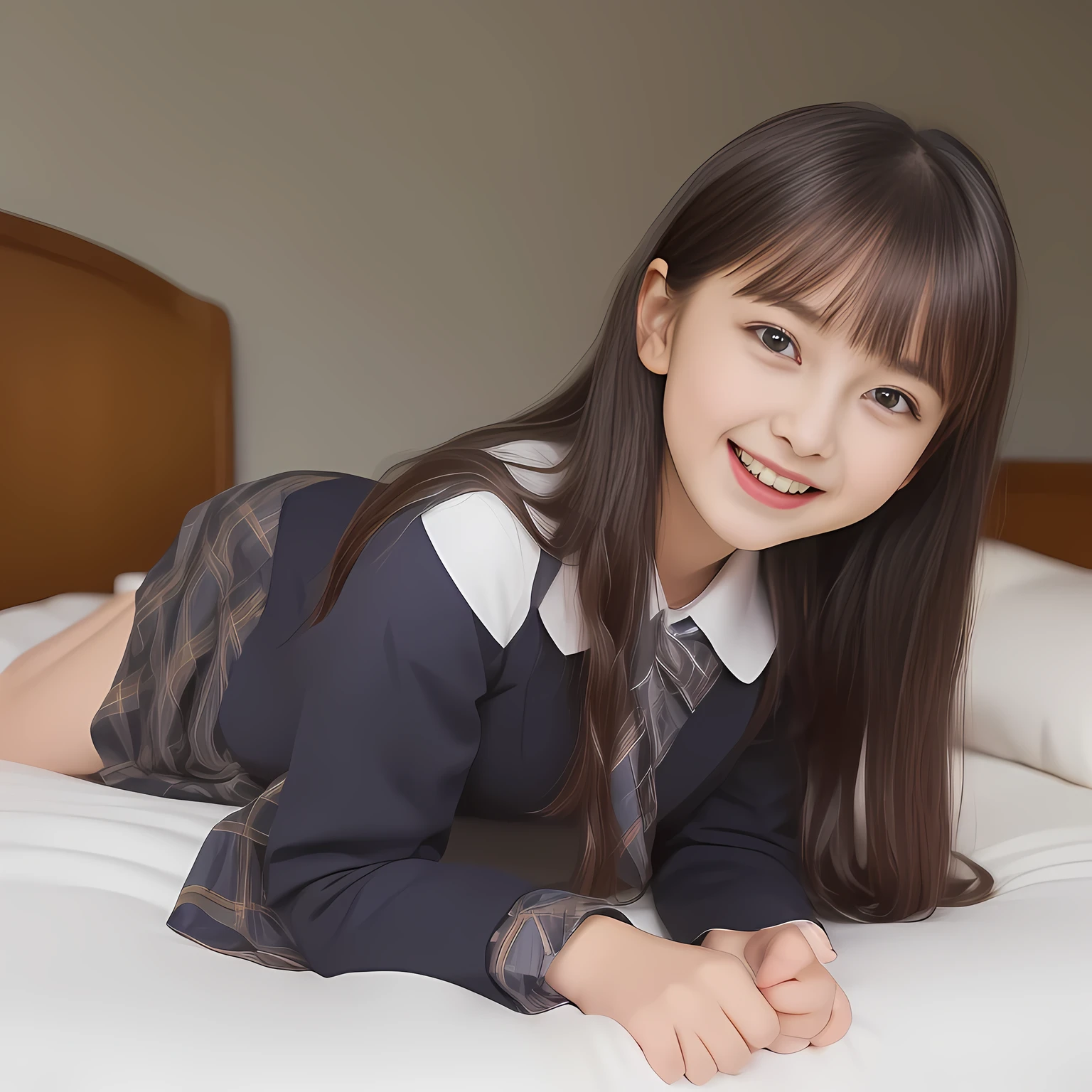 (Highest quality, masterpiece:1.2), Highest quality, High resolution, 1080P, 8k, clearly detailed, (Noble super-pretty long hair hair super-beautiful super-bewitching super-cute expensive school-uniform pretty slender **yo girl of most beautiful school-uniform girl models photo magazine in Japan, too beautiful aristocratic daughter is taking the viewer into the bed forcibly, laughing at me: 2.0), (neat gorgeous school uniform of private high school in Japan. navy-school-blazer with gold-emblem, super-neat navy-blue-tartan-checkered blue-pleats-school-skirt, super-girly plain-red ribbon on the breast: 1.5), (bewitching expression, smile, lips, and pose to corrupt the viewer, everything is planned and prepared to corrupt the viewer into the allusion of love towards the girl: 1.2), (clearly detailed foreground focusing on girl's beauty and cuteness, gorgeous blue girly bed background of full-of-girls heaven: 1.2), (navy checkered school skirt), (full body shot)