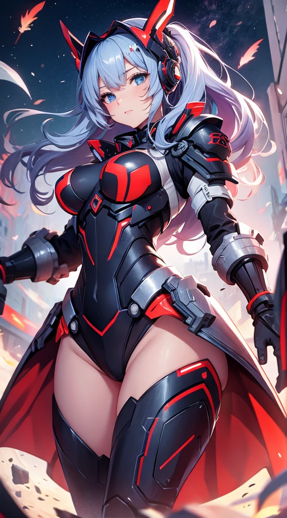 最high quality、best image quality、masterpiece、android girl((18-year-old、 By becoming、vest bust、medium bust,wide open breast tea、red glowing eyes, water hair、messy hair、long hair、thin,highest valley、Blue robot body、Shiny red body、Close ~ eyes、attack、Show the whole body、robot arm、robot feet、villain、evil smile、bad smile、laugh loudly、villain pose、Black robot wings,sharp nails、prick々New body parts、With a big sword、floating in the air、Robot Tail)),high quality、beautiful art、background((dark bio facility、dark room、Infrared Sensor、red lighting、evil aura))、Flight、debris flies、Depth of written boundary、movie、visual art、perfect art、8K,genuine、